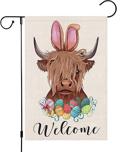 Bandera de casa de Pascua de 28 x 40 pulgadas, arpillera de doble cara, pequeña, vertical, vaca, de bienvenida, jardín, patio, decoración exterior
