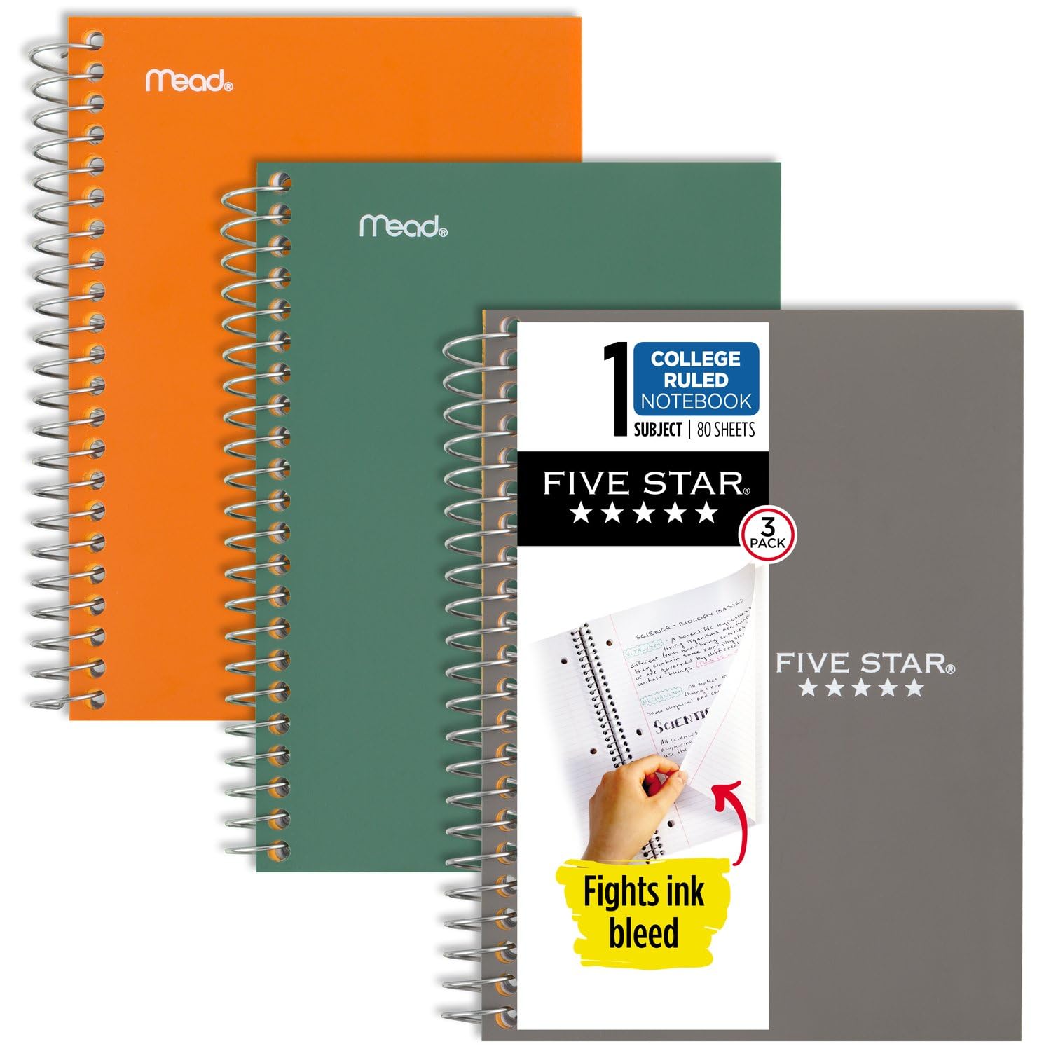 Five Star Lot de 3 carnets personnels, lignés pour universitaires, 17,8 x 11,4 cm, 80 feuilles, vert verre de mer, orange Sedona, gris (450048D-ECM)