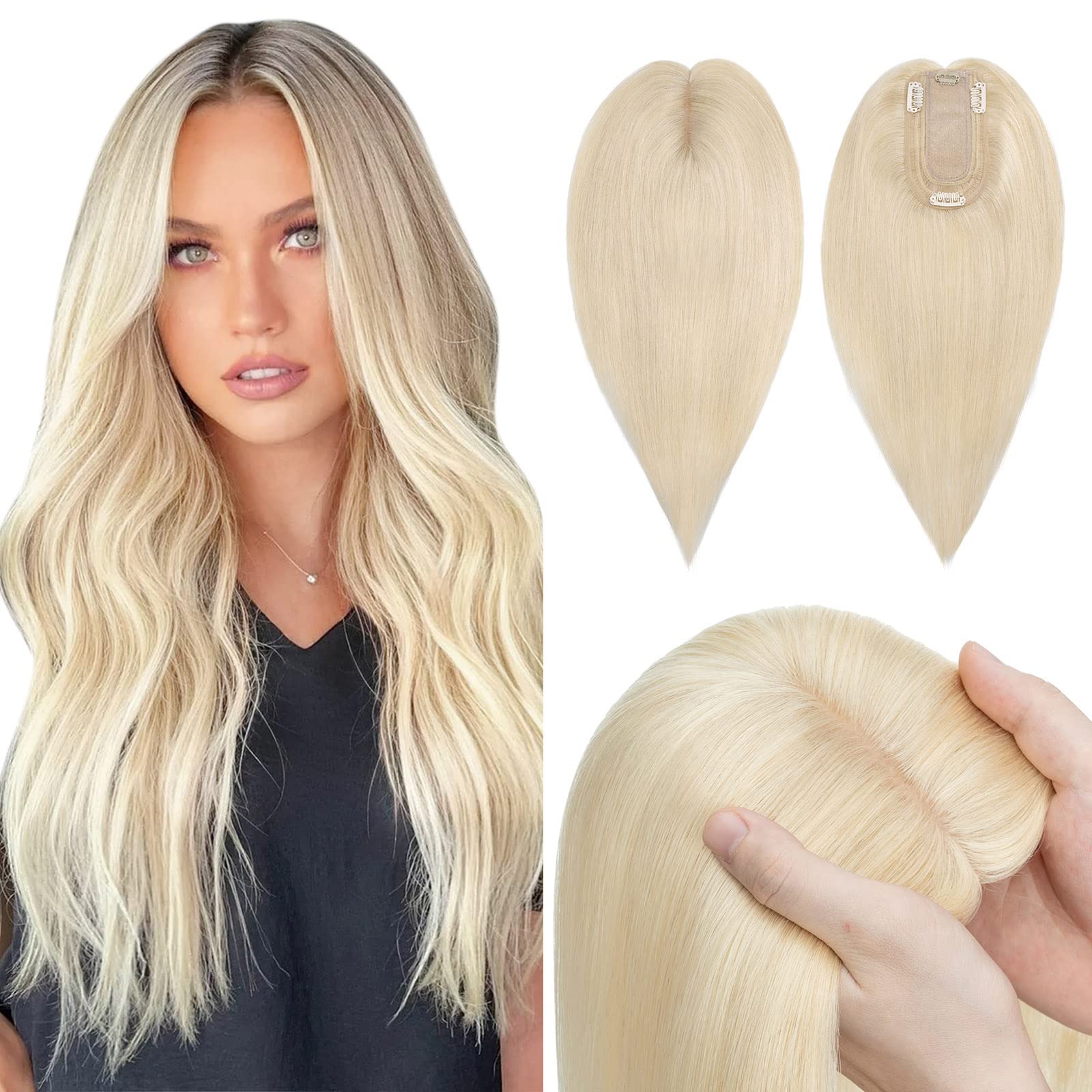 Hairro 100% Real Human Hair Toppers for Women No Bang, Clip in Real Hairpieces, Breathable Silk Base for Covering Greyish Thinning Hair Loss on Top, 6 Inch Platinum Blonde
