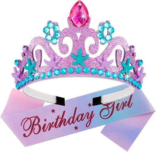 Canitor Tiara de cumpleaños para niña, corona de cumpleaños para niñas, corona de sirena, decoraciones de cumpleaños, banda de sirena, suministros