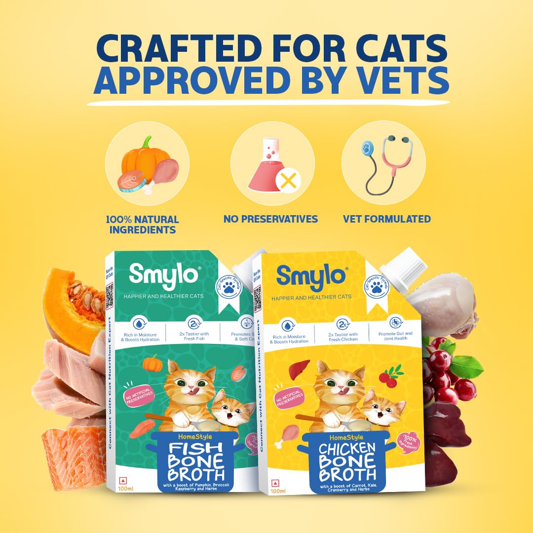 Smylo Adult Wet Cat Food Trial Box (1+ Yrs) with Fish & Chicken Broth | Chicken, Tuna & Mackerel Recipes | Grain Free, No Preservatives | Omega 3 & 6 for Shiny Fur | Wet Food for Cats, Cat Food Topper 4