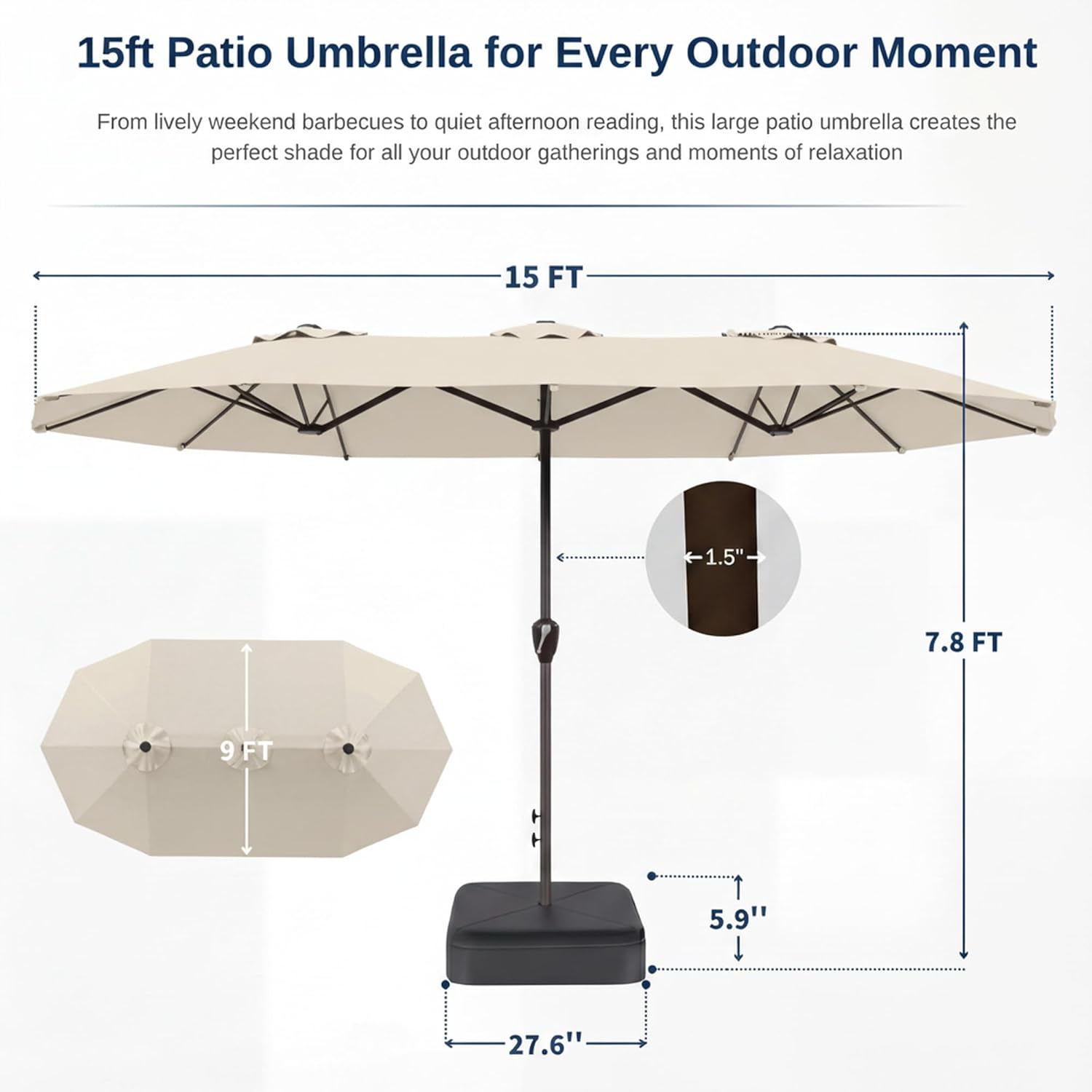 15FT Large Patio Umbrella with Base, Double Sided Rectangular Outdoor Umbrella with Sturdy Fiberglass Ribs, UPF 50+ Sun Protection, Wind-Resistant, Waterproof Fade-Resistant Fabric for Pool, Garden, Backyard, Deck(Creamy-white)