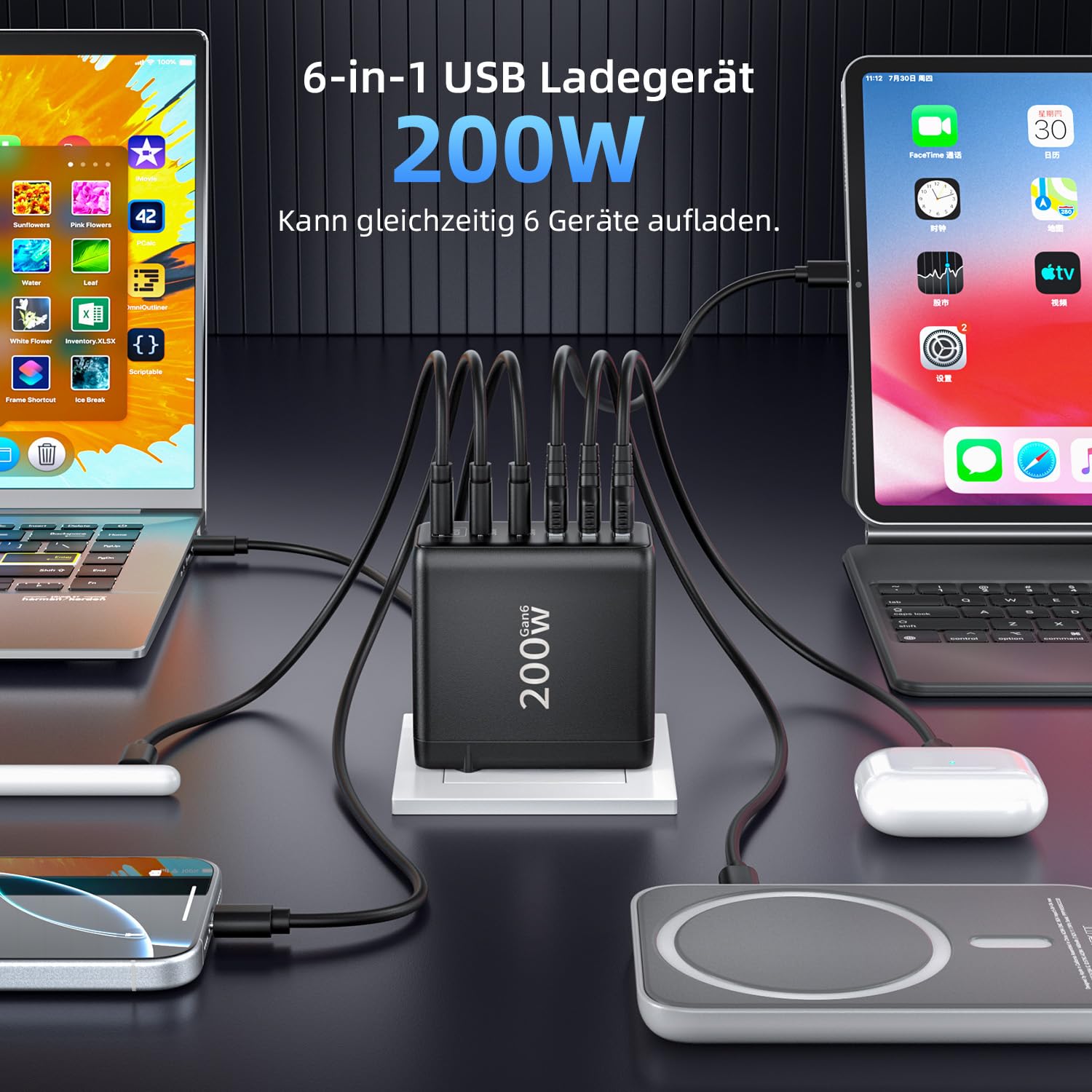 Ładowarka USB C 200 W, 6 portów, szybka ładowarka z 3 USBC i 3 USBA, wielokrotny zasilacz GaN, ładowarka PD do MacBook iPad Pro/Air, iPhone 17/16 Series, Samsung itd.