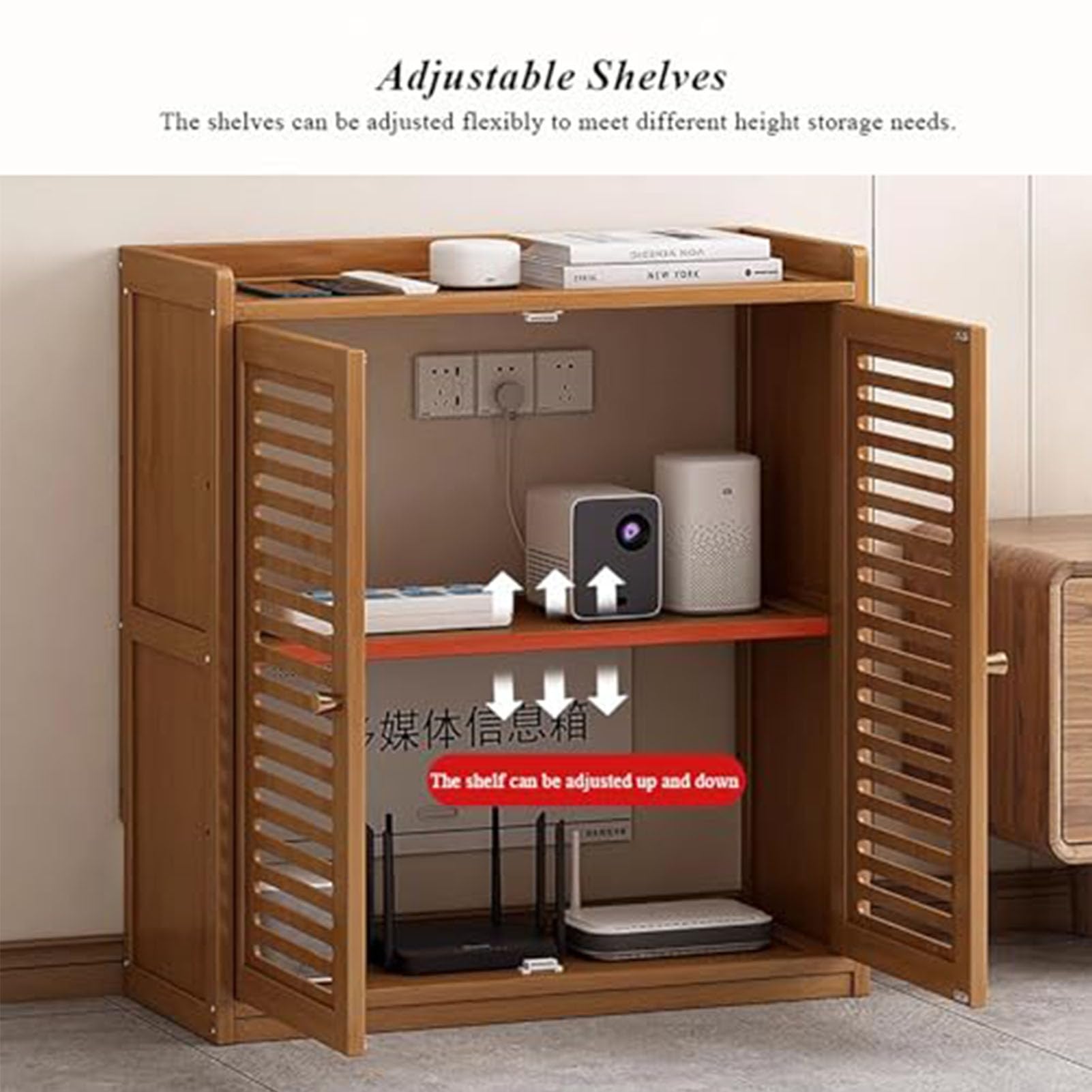 Armoire de rangement pour routeur WiFi avec gestion des câbles, étagère réglable pour bureau à domicile, étagère en bois, design au sol