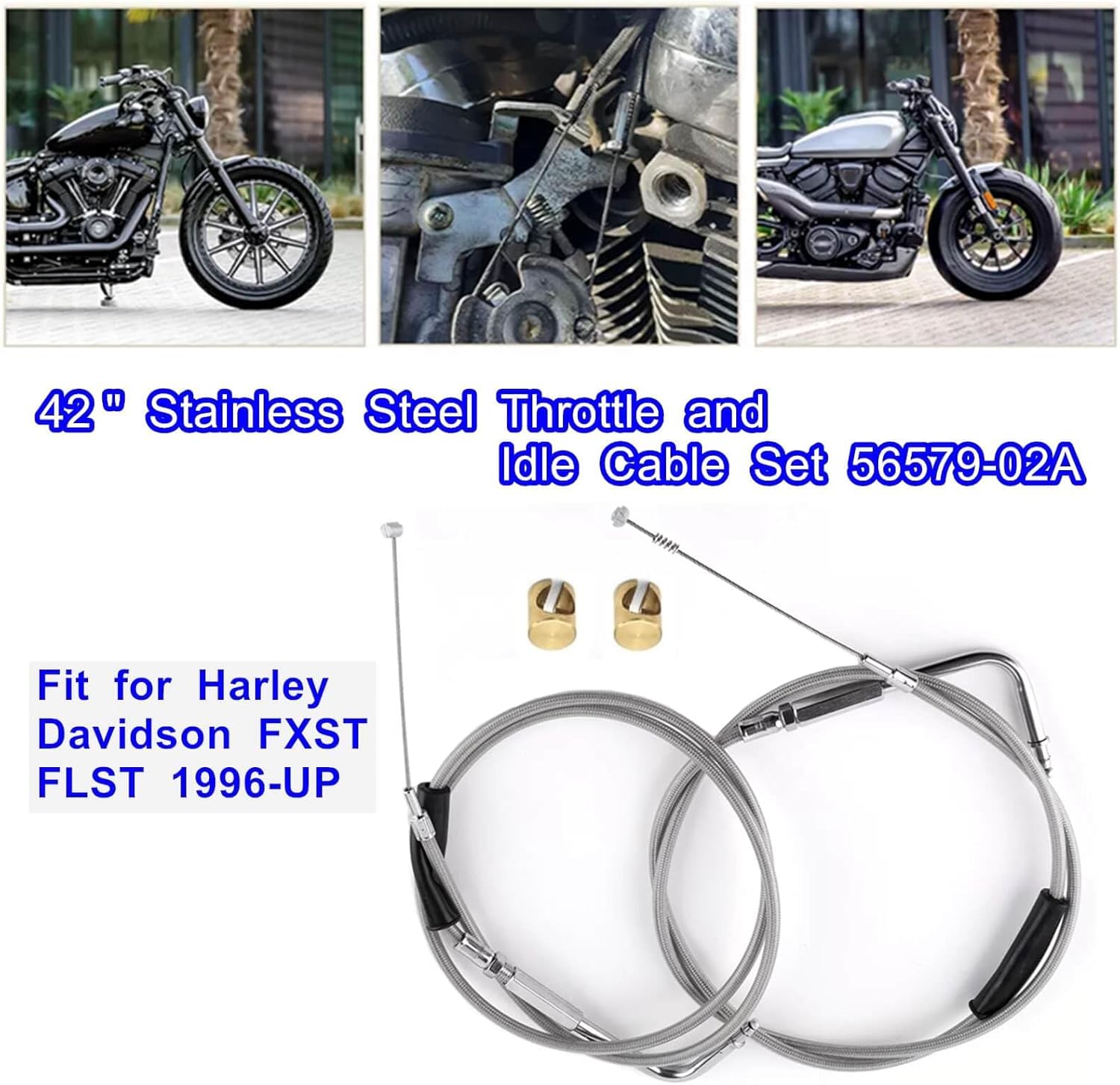 42" Stainless Steel Throttle and Idle Cable Set 56579-02A,Fit for Harley Davidson FXST FLST 1996-UP, Idle Cable Set with 90° Elbow Fitting Replace 56579-02A 5657902A