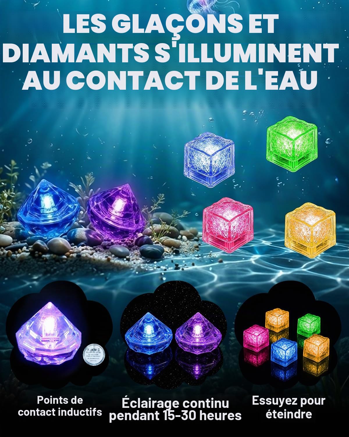 34 Pièces Jouets de Plongée, Jouet de Natation pour Piscine avec Cubes Lumineux à LED et Diamants de Cristal, Jeux Piscine Enfant avec Ballons de Plage et Sirènes Tournantes