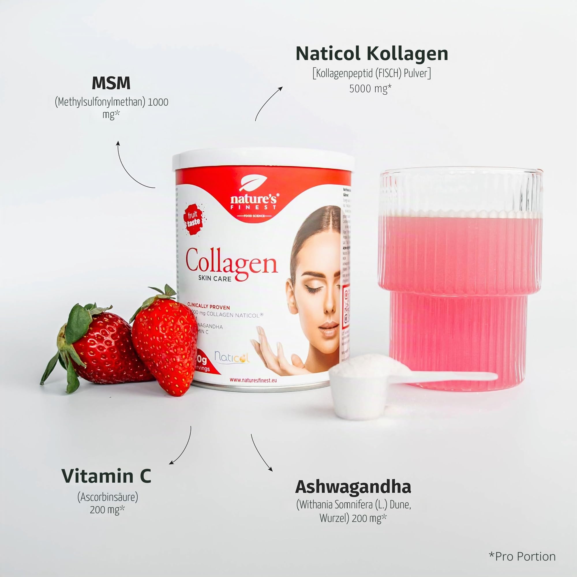 Nature's Finest Collagen SkinCare - Marine Kollagen Pulver Hochdosiert (5000mg) - Kollagen-Präparate mit Vitamin C - Unterstützt Haare, Nägel und Haut - Kollagen zum Trinken