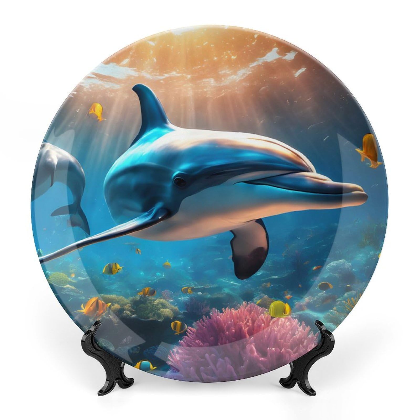 Summer Decorative Plates for Home Party, Dolphin Underwater On Reef Close Coming To You Decor Tray for Table Display, Ceramic Dinner Plate W/ Stand, Living Room Decor, Summer Party Supplies, 6 Inch