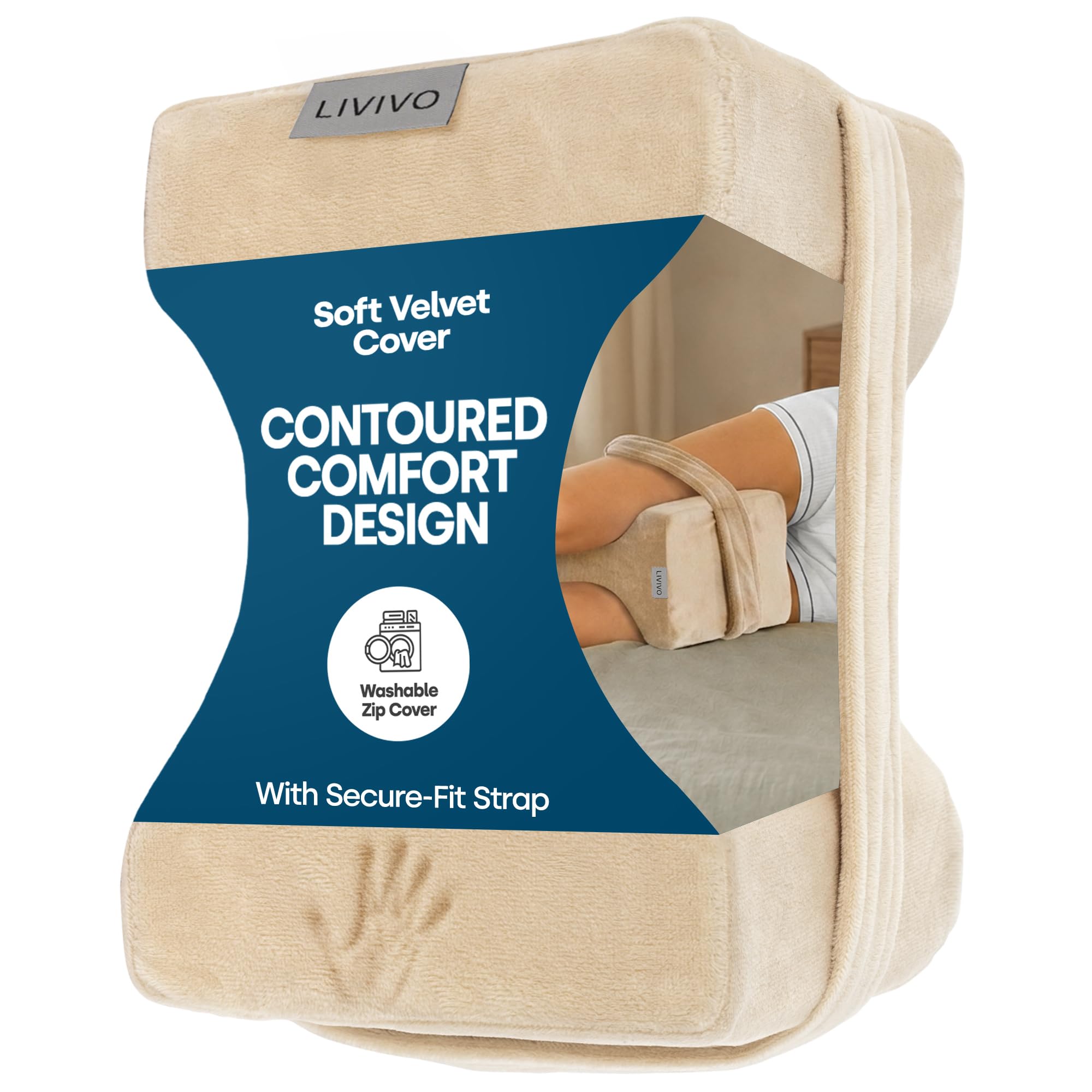 LIVIVO Knee Pillow for Side Sleepers, Knee Pillow for Sleeping on Side with Strap, Contoured Knee Cushion for Sleeping with Soft Velvet Cover, Leg Pillow Cushion for Bedtime and Resting (Beige) — image 1