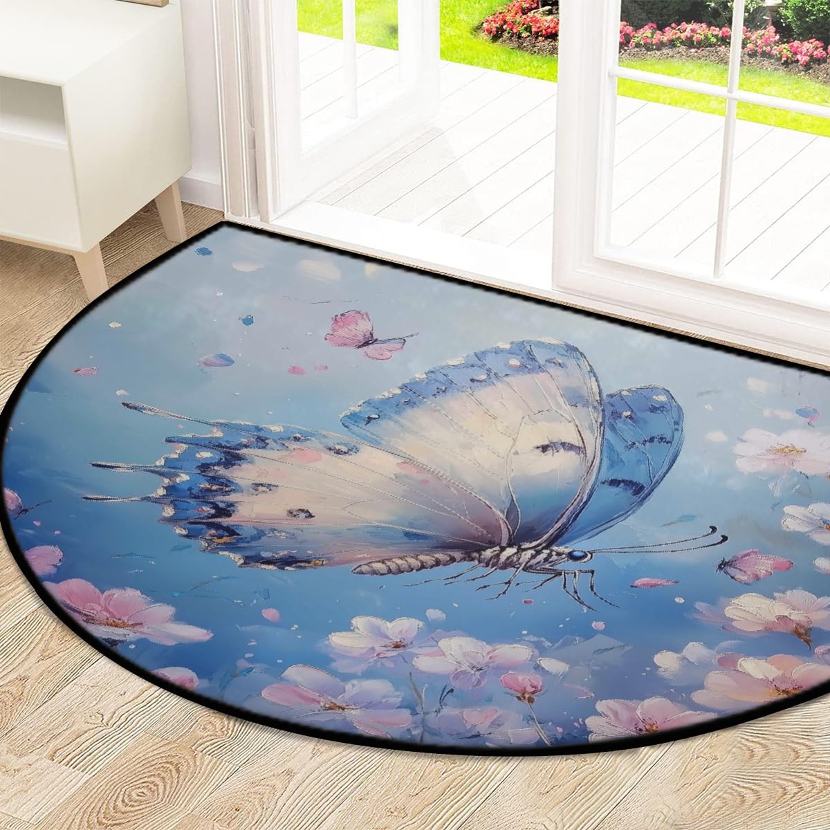 Mexpekil Paillasson demi-rond antidérapant lavable en demi-lune avec motif papillon et motif floral bleu - pour intérieur et extérieur - 100 x 160 cm