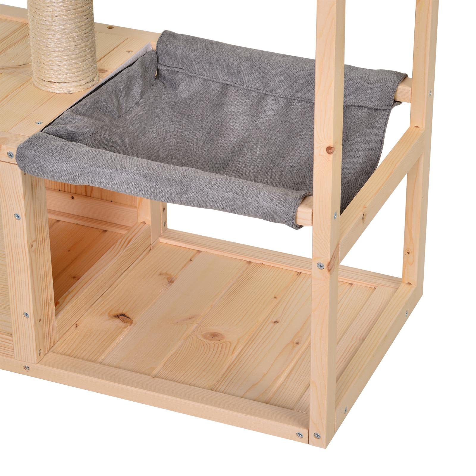 PawHut Katzenhöhle, Katzenbett mit Hängematte, Sisalstamm, Plattform Katzenhaus aus Holz Kratzbaum für Katzen für Indoor 70 x 35 x 60 cm Natur