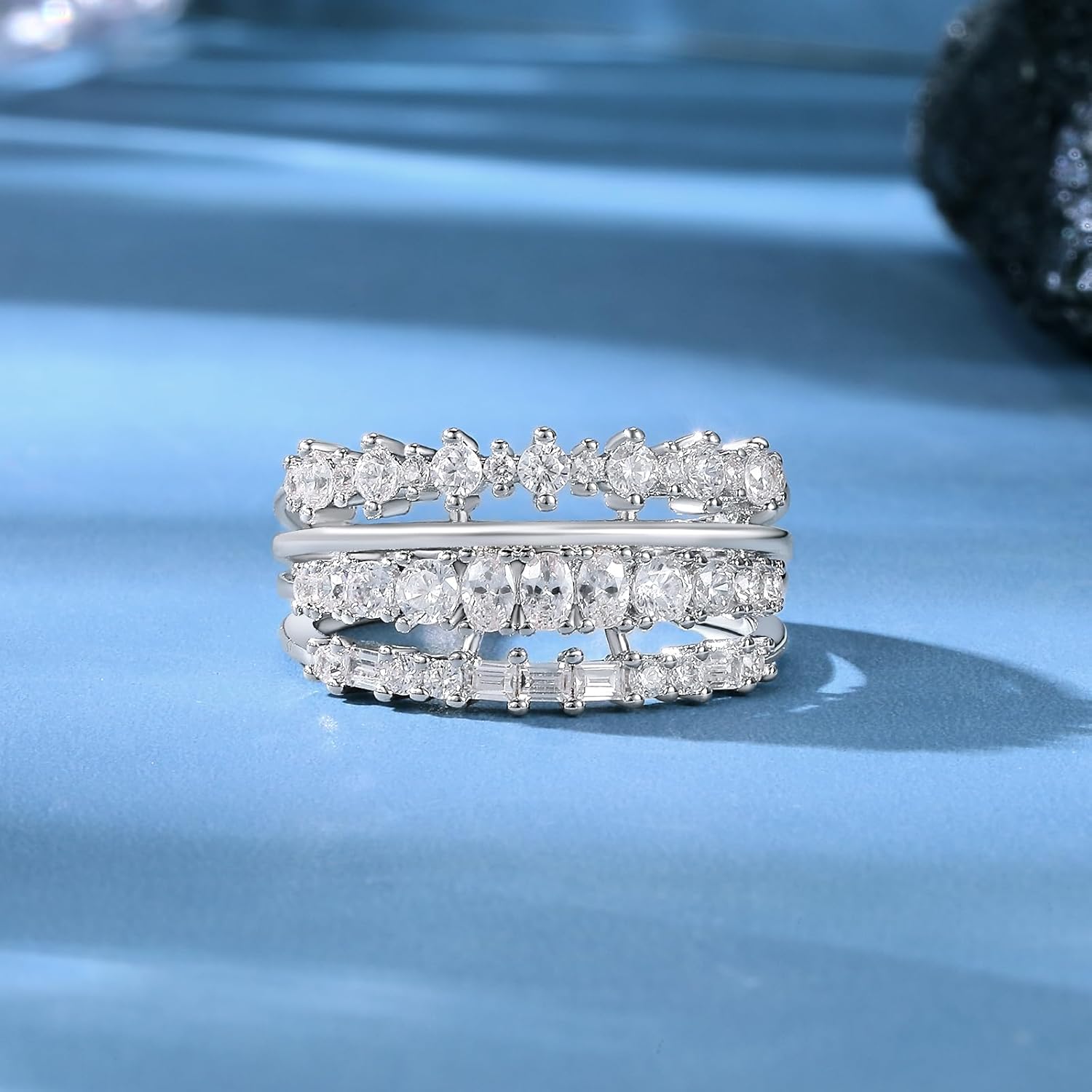 MDFUN 18K White Gold Plated Three-row Cubic Zirconia Engagement Rings Wedding Bands Round Cut Oval Emerald Cut CZ Promise Ring Eternity Band for Women Size 5-10 - Image 4