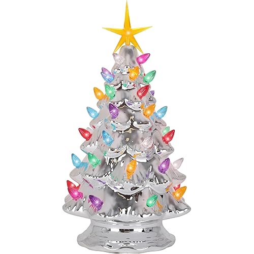 Ceramic Christmas Tree - Tabletop Tree with Lights - (11.5" Medium Silver Christmas Tree/Multicolored Lights) - Lighted Vintage Ceramic Tree