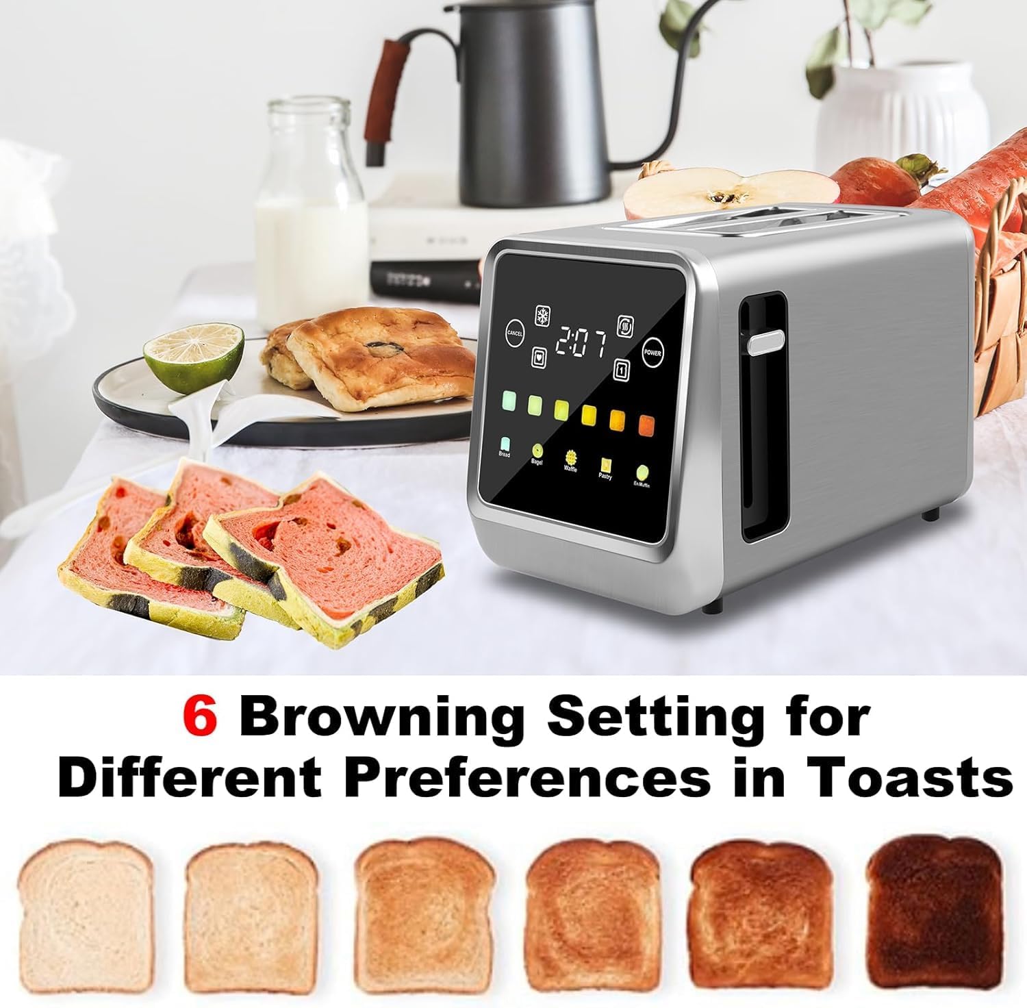 Touch Screen Toaster 2 Slice with LCD Display Digital Timer Toasters 6 Bread Types & 6 Shade Settings Extra Wide Slots Tostadora With Bagel Cancel, Defrost Functions