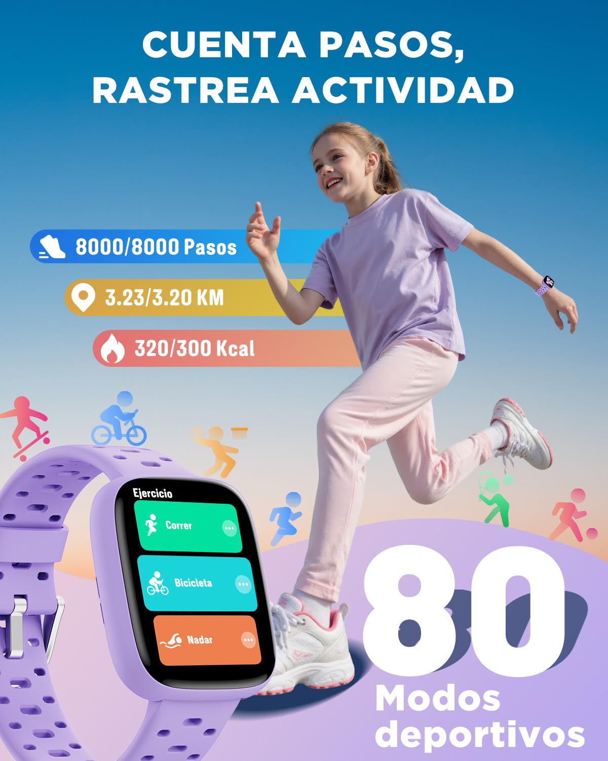 BIGGERFIVE Reloj Inteligente Niños Niñas, 1,8" Amoled Pulsera Actividad | Podómetro, Frecuencia Cardíaca, Resistente al Agua 30m, Monitor de Sueño, Despertador, Juegos con/sin App, Lila