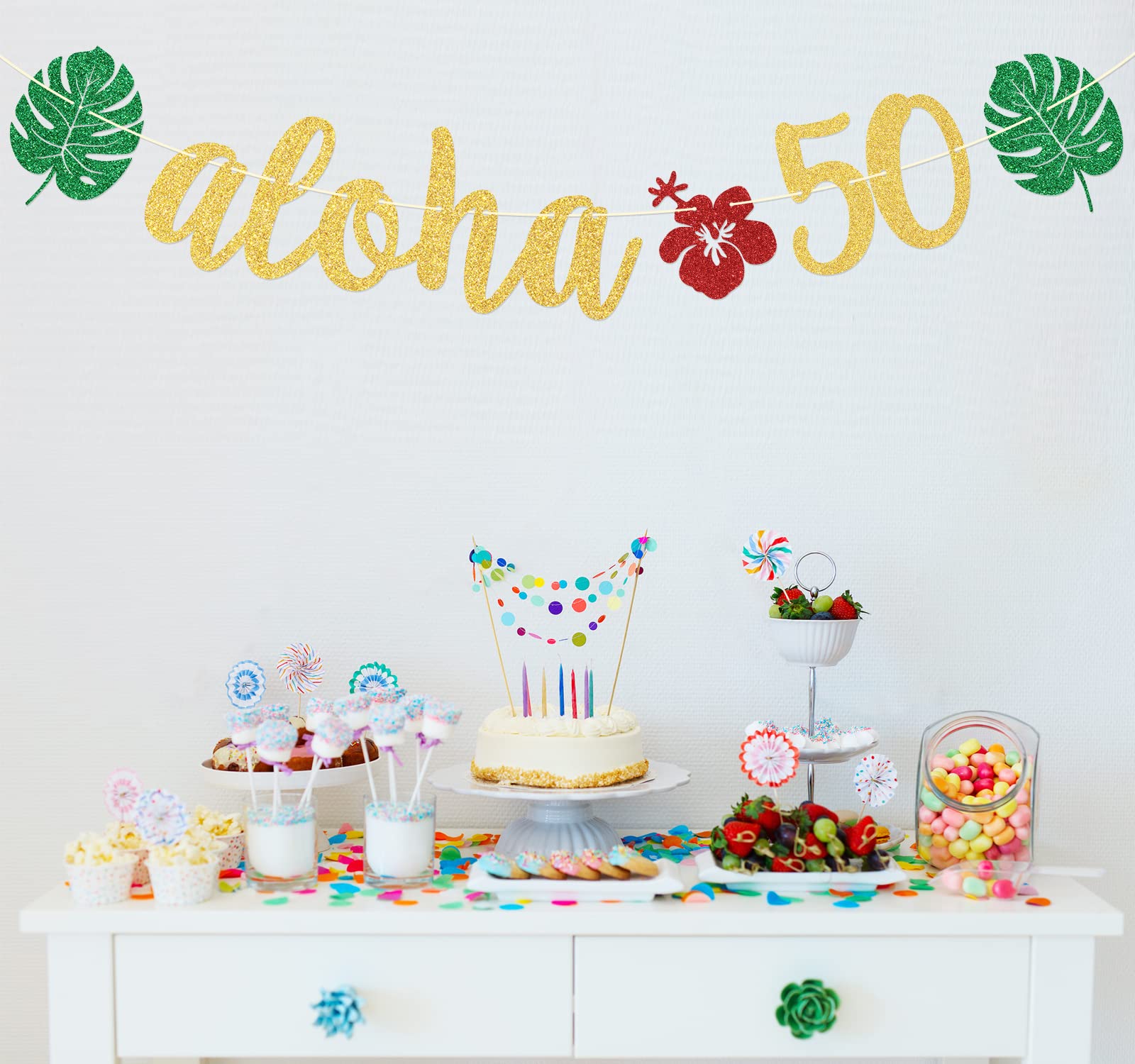 Aloha 50 pancartas hawaianas 50 cumpleaños, decoraciones de fiesta Aloha, decoraciones de fiesta de cumpleaños tropical Luau, decoraciones de hojas de palma, purpurina verde dorado