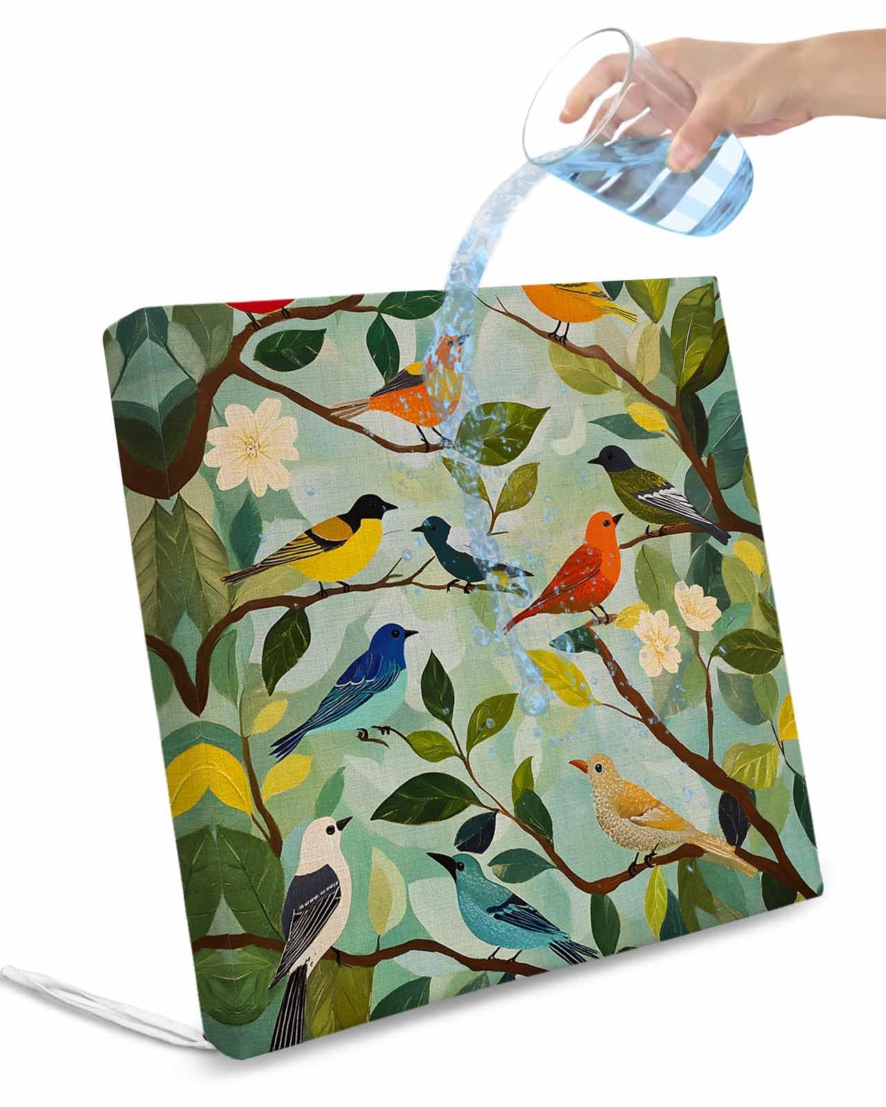 2 Pack Spring Birds Leaves Waterproof Cushion Covers with Ties, Outdoor Patio Chaise Lounge Chair Seat Cushion Slip Covers Replacement(Only Cover) Summer Pastoral Botanical 22
