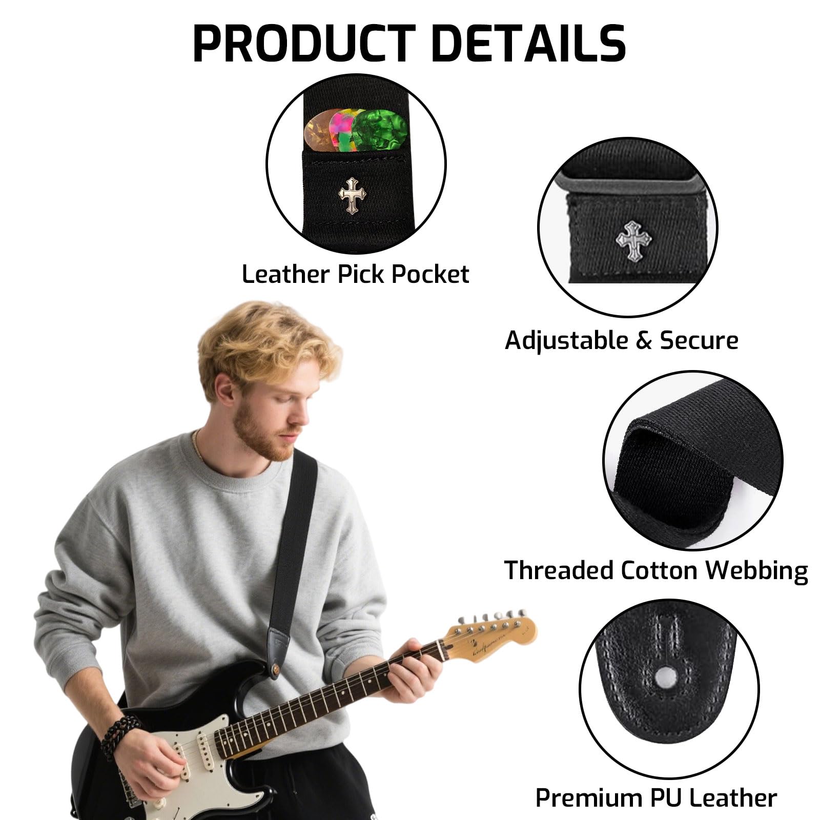 AzureRay Sangle Guitare Acoustique et Électrique Ajustable, Coton Tissé avec Détails en Cuir PU, Accessoire pour Guitare Basse (Noir)