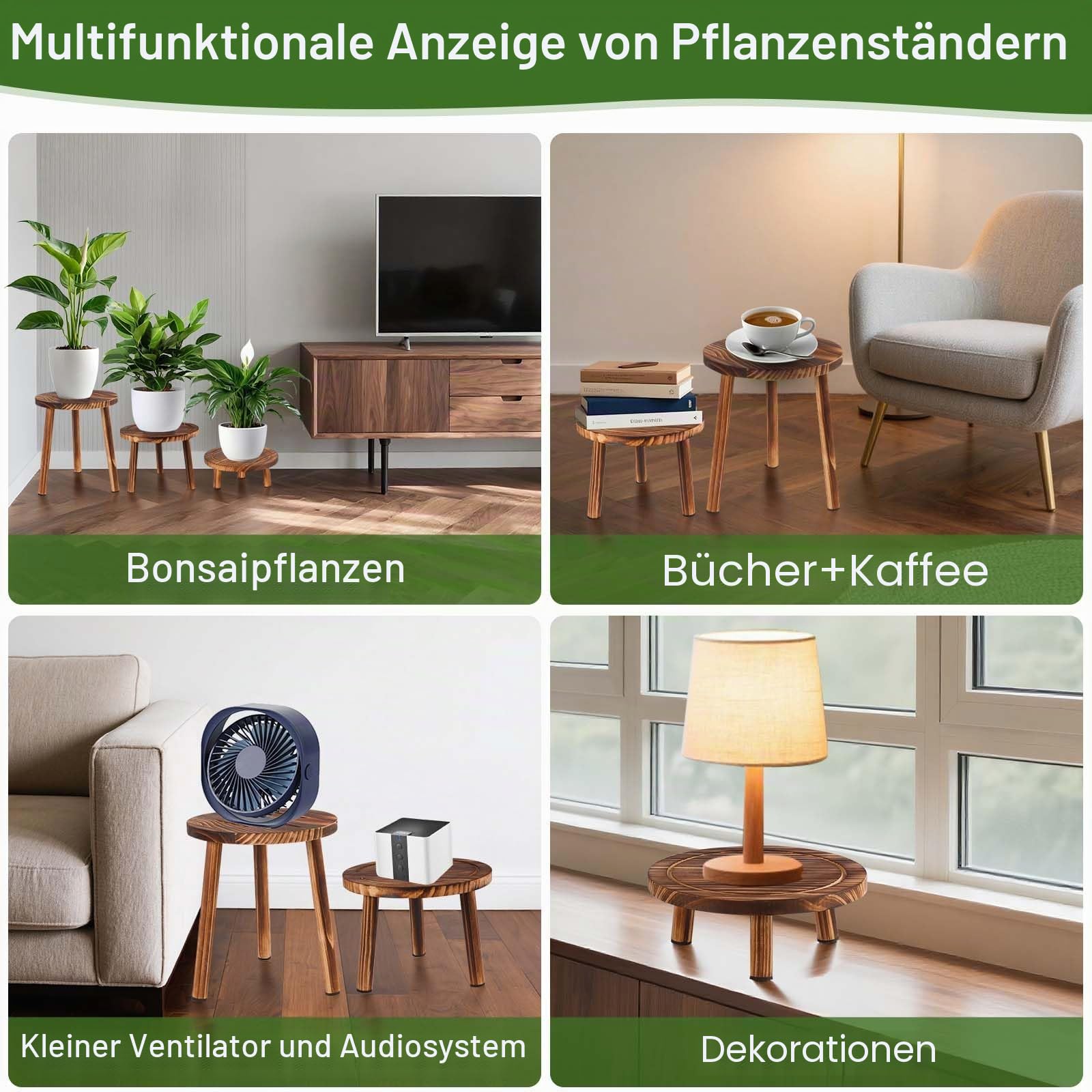 Blumenhocker Holz 3er-Set, 4"/7"/11" Höhe Blumenständer Pflanzenständer für Verschiedene Topfgrößen, Hocker Fußschemel Modernes Regal für Balkon Garten Wohnzimmer Deko Büro