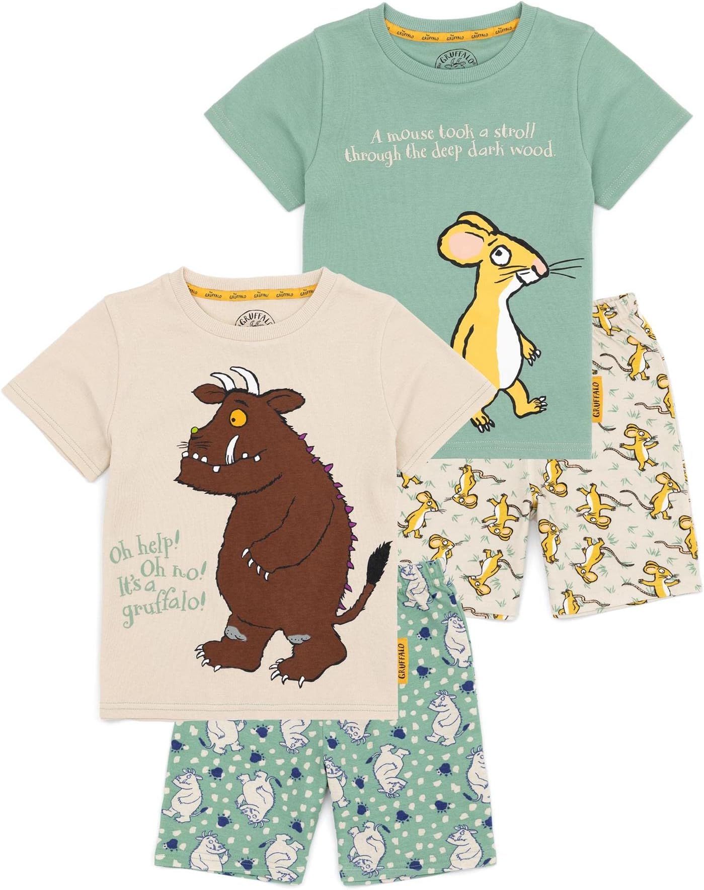The GruffaloKids Pyjama Set | 2 Pack Multicoloured Short Sleeve T-Shirt with Shorts Nightwear For Boys & Girls | Mouse Graphic TV Series Sleepwear PJs | Merchandise Gift for Children & Toddlers