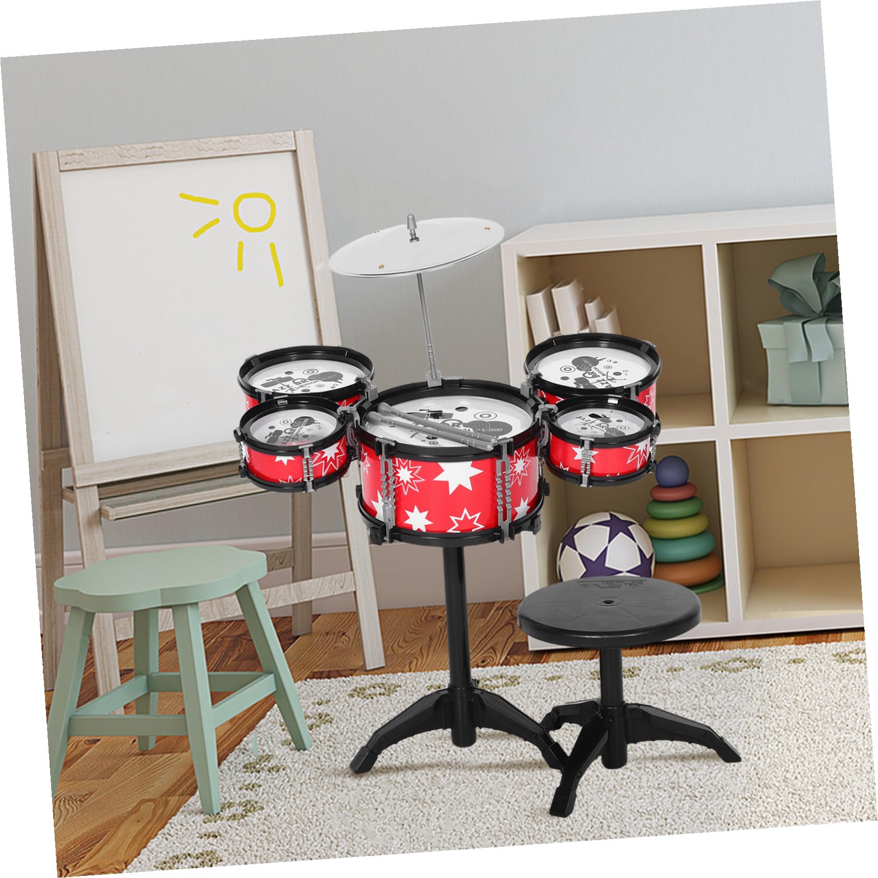 Batería de Jazz para Niños Pequeños Roja de Plástico | Construcción Resistente, Diseño Realista, Juguete Musical para Niños y Bebés