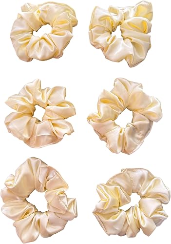 Satin Hair Scrunchies, Cream Yellow, Soft Fabric, 6 Pack, Hair Accessories