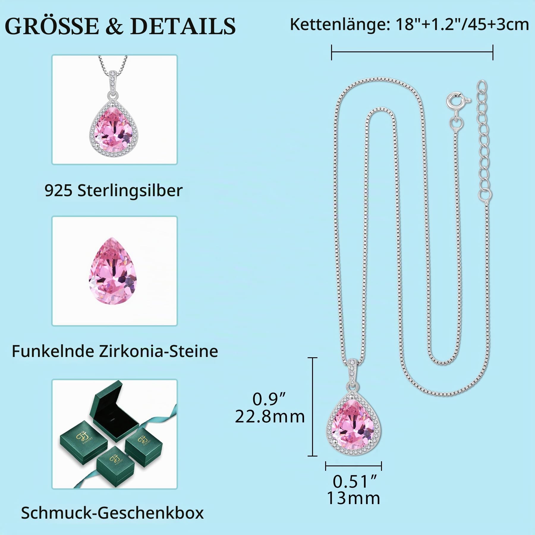 FJ Kette Damen 925 Sterling Silber Tropfen Halskette Birnenförmige Anhänger Geburtsstein Schmuck Geschenke für Frauen