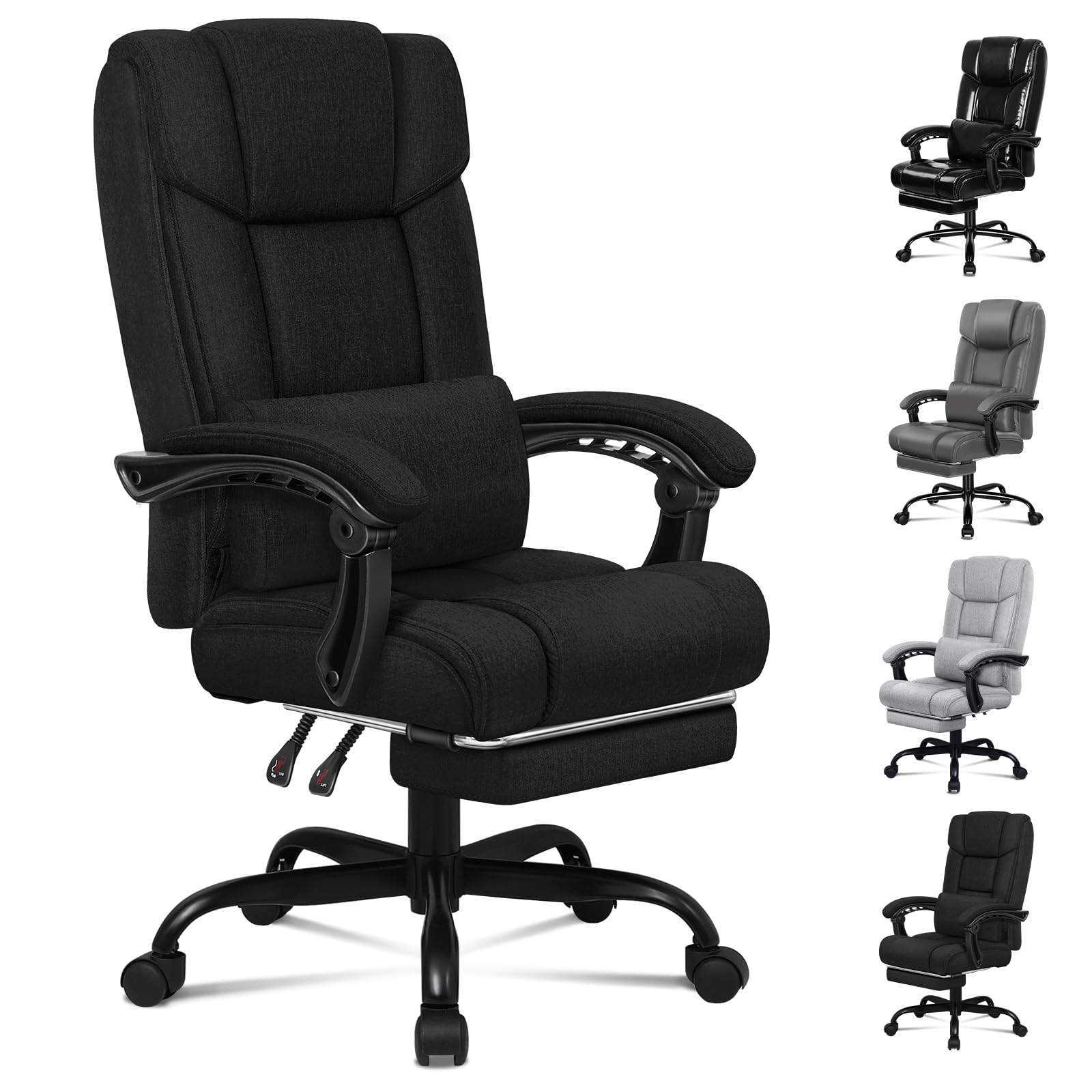 ALFORDSON Silla de Oficina, Silla de Escritorio con Soporte Lumbar Ajustable, Respaldo Alto, Reposapiés, Tela de Lino (Negro)