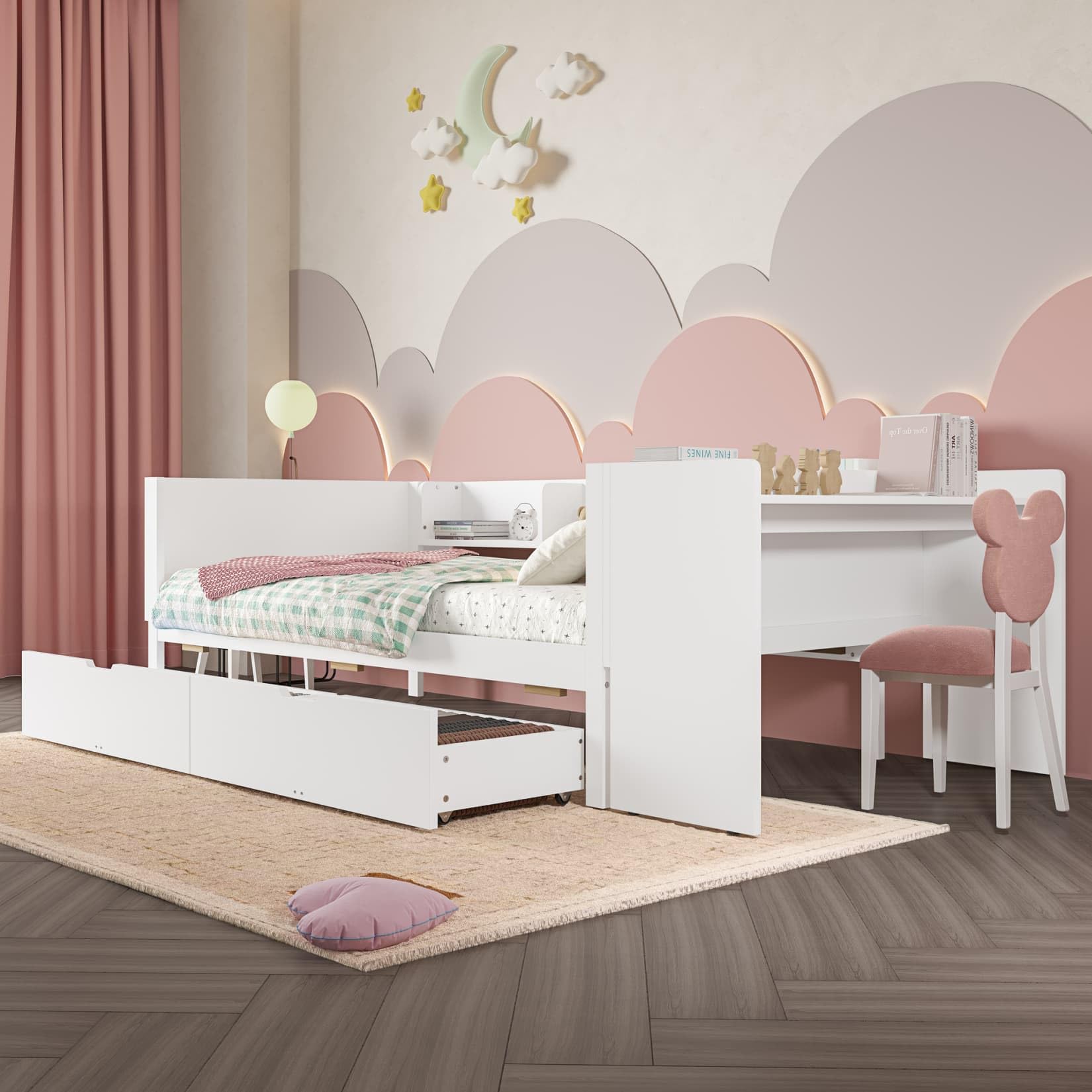 PUGSDRLY Lit 1 Place 90x200cm avec Bureau et étagères de Rangement,Lit 1 Personne avec 2 Tiroirs,Polyvalent Bed,Cadre en Bois pour Enfant Adolescent Adulte,sans Matelas (Blanc, 90x200cm)