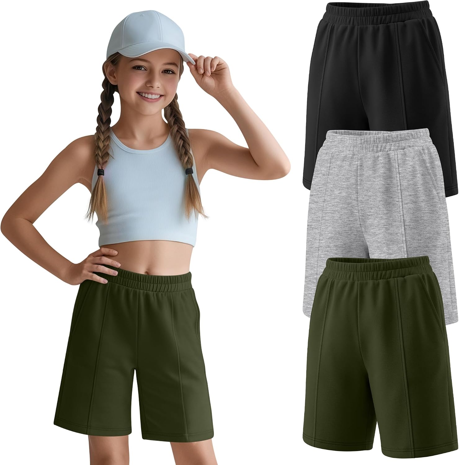 3 Pack Girls' Shorts Elastic Waist Straight Leg Short Sweatpants Summer Bermuda Clothes with Pocket 5-14 Years