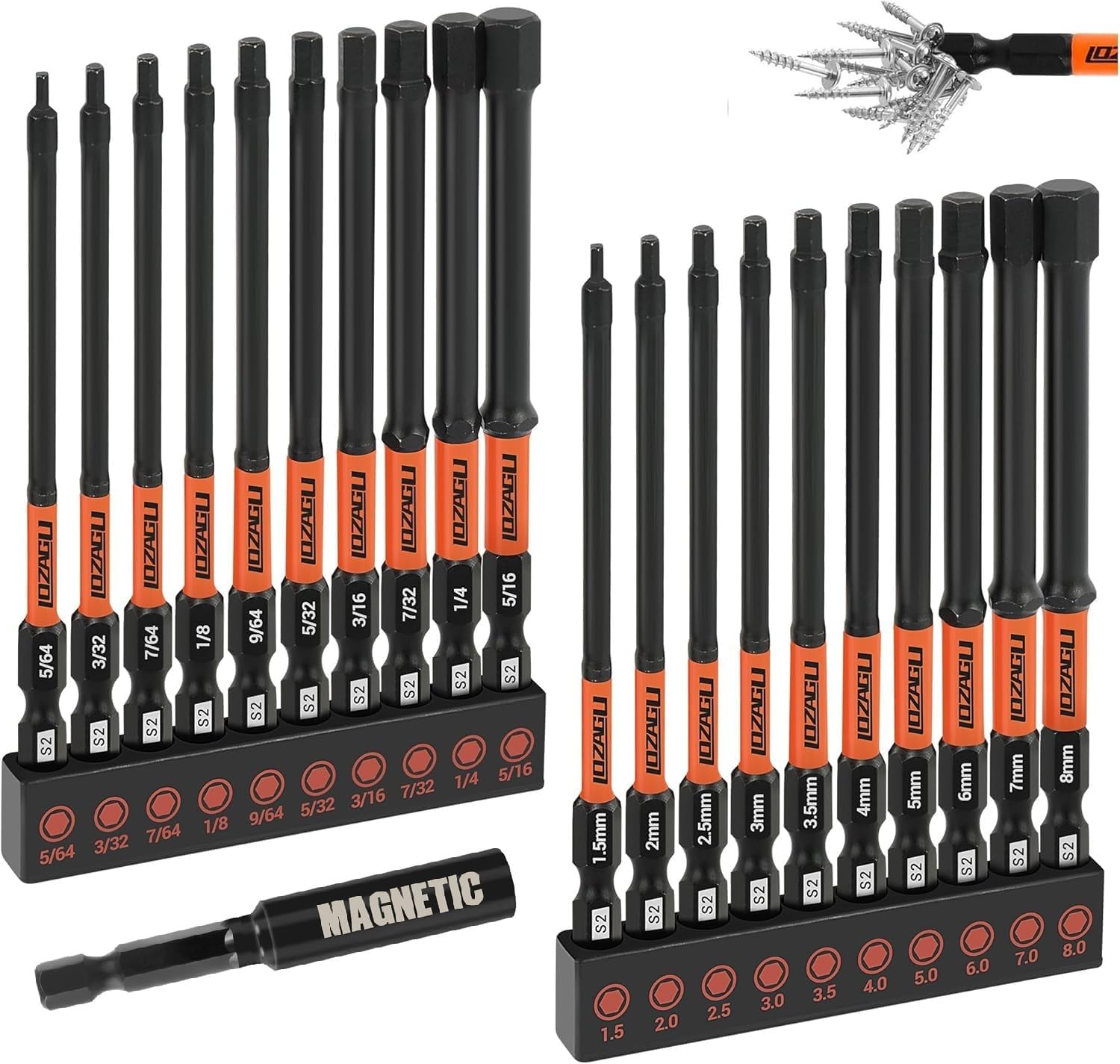21-Piece Hex Head Allen Wrench Drill Bit Set, Metric and SAE S2 Steel Hex Bits Set, Magnetic Tips, 4" Long with Bit Holder and Storage Box
