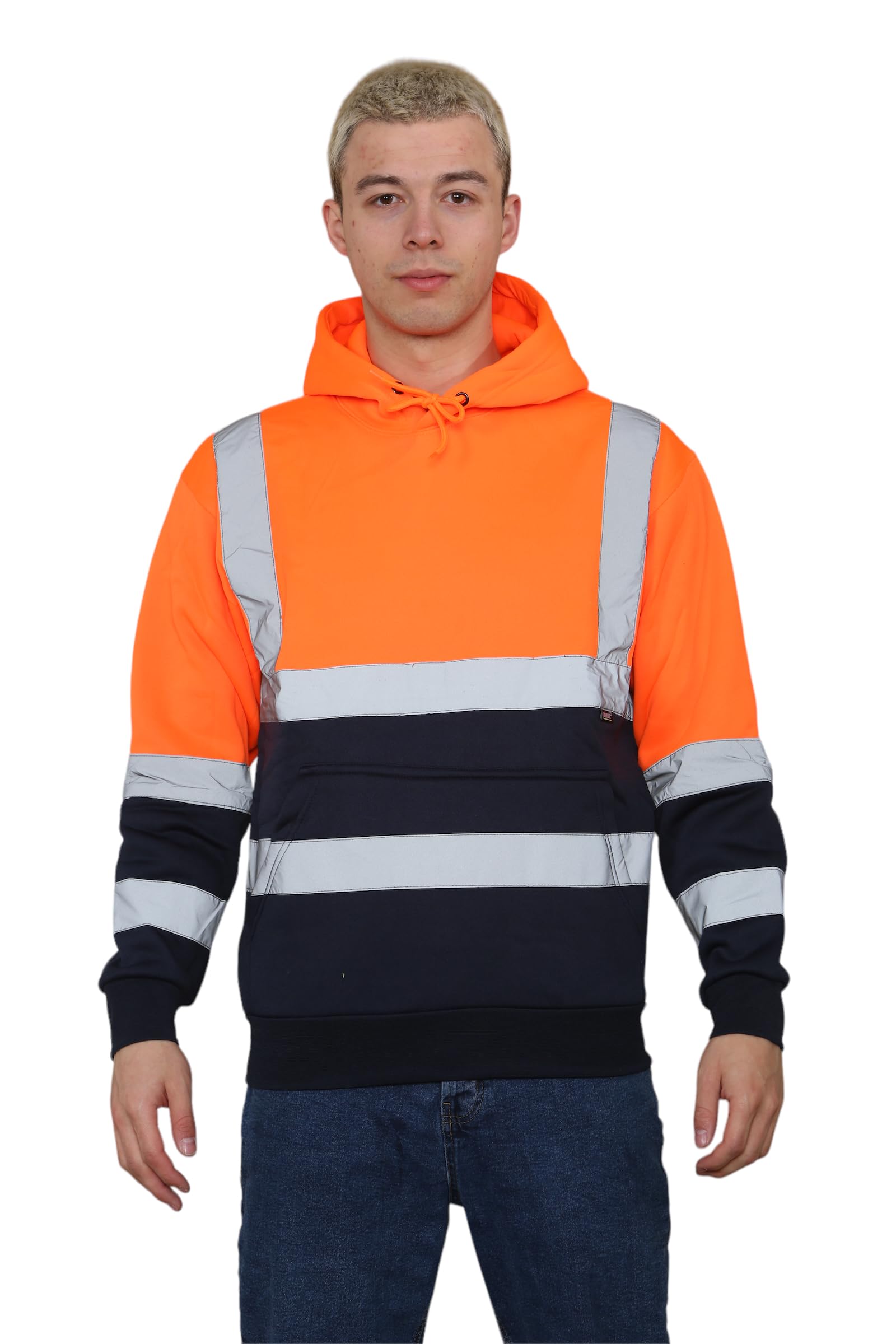 Trending Babz Men's Hi Vis 2 Tone Yellow Orange Sweatshirt Reflective Tape Band 3 Zips Patched Pull Over Security Work Wear Hoodie S-2XL, Yellow