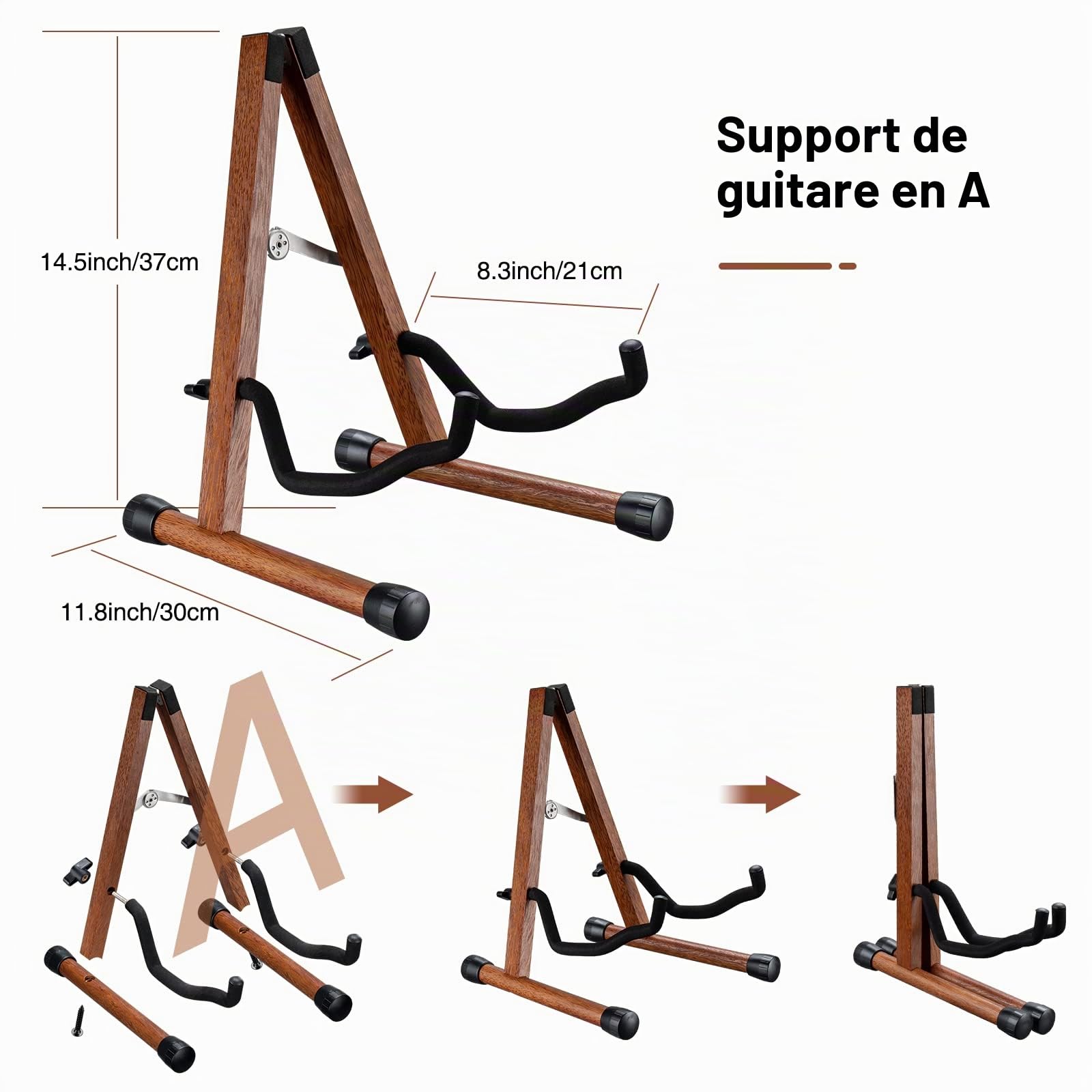 LEKATO Support de guitare A-Frame Support de guitare basse en bois avec rembourrage en mousse pour guitares, basse, violoncelle, banjo, mandoline, ukulélé