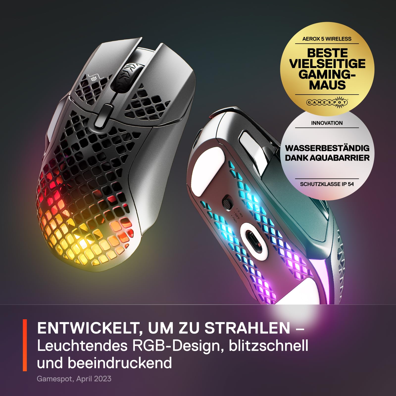 SteelSeries Aerox 5 Wireless RGB Gaming-Mouse, 9 Tasten, Bluetooth/2,4 GHz, TrueMove Air-Sensor 18.000 DPI
