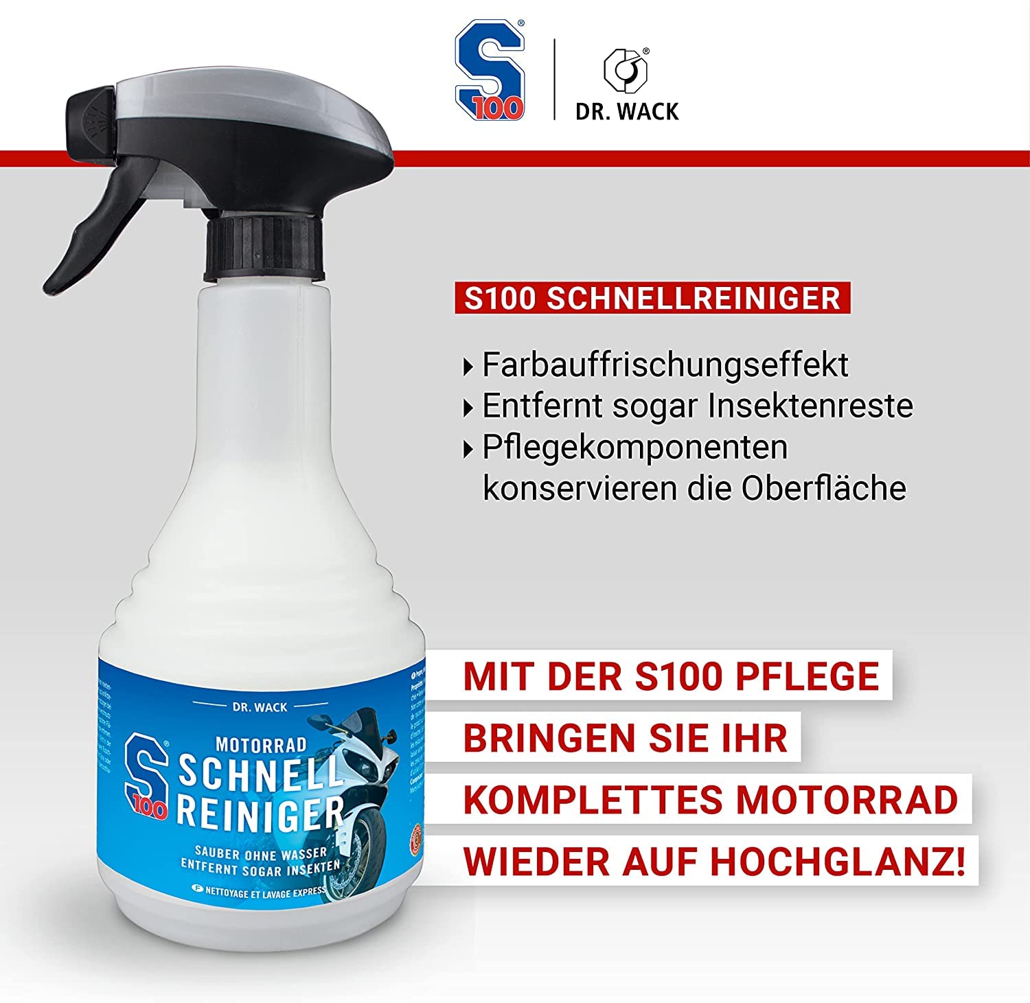 Dr. Wack S100 Paquete de limpieza y mantenimiento para motocicletas, limpiador rápido 0,5 l, spray de cadena blanca 0,4 l, refrescante de color 0,3 L, cera en aerosol A1 de alta gama 0,5 l + 3 paños