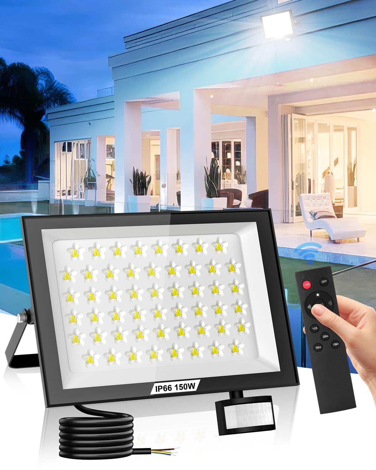 Focos LED Exterior con Sensor de Movimiento 150W, 15000LM Foco Proyector LED, 6500K Blanca fría Luz de Seguridad - IP65 Impermeable Floodlight para Jardín Garaje Patio Estadio Hotel Naves