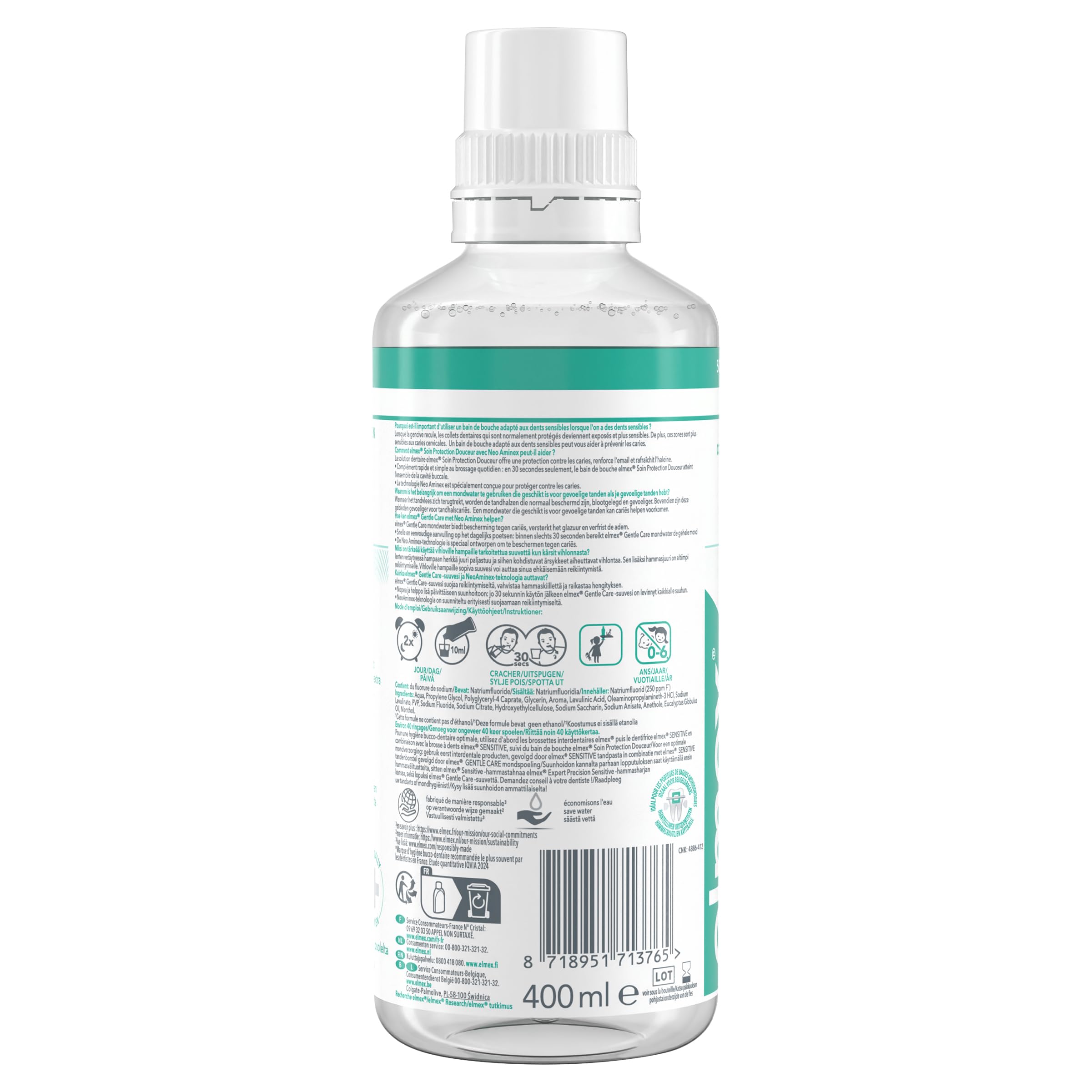 ELMEX - Bain de bouche Soin Protection Douceur - Triple action pour dents sensibles et protection caries - Sans alcool - Goût menthe - 400ml - Lot de 12