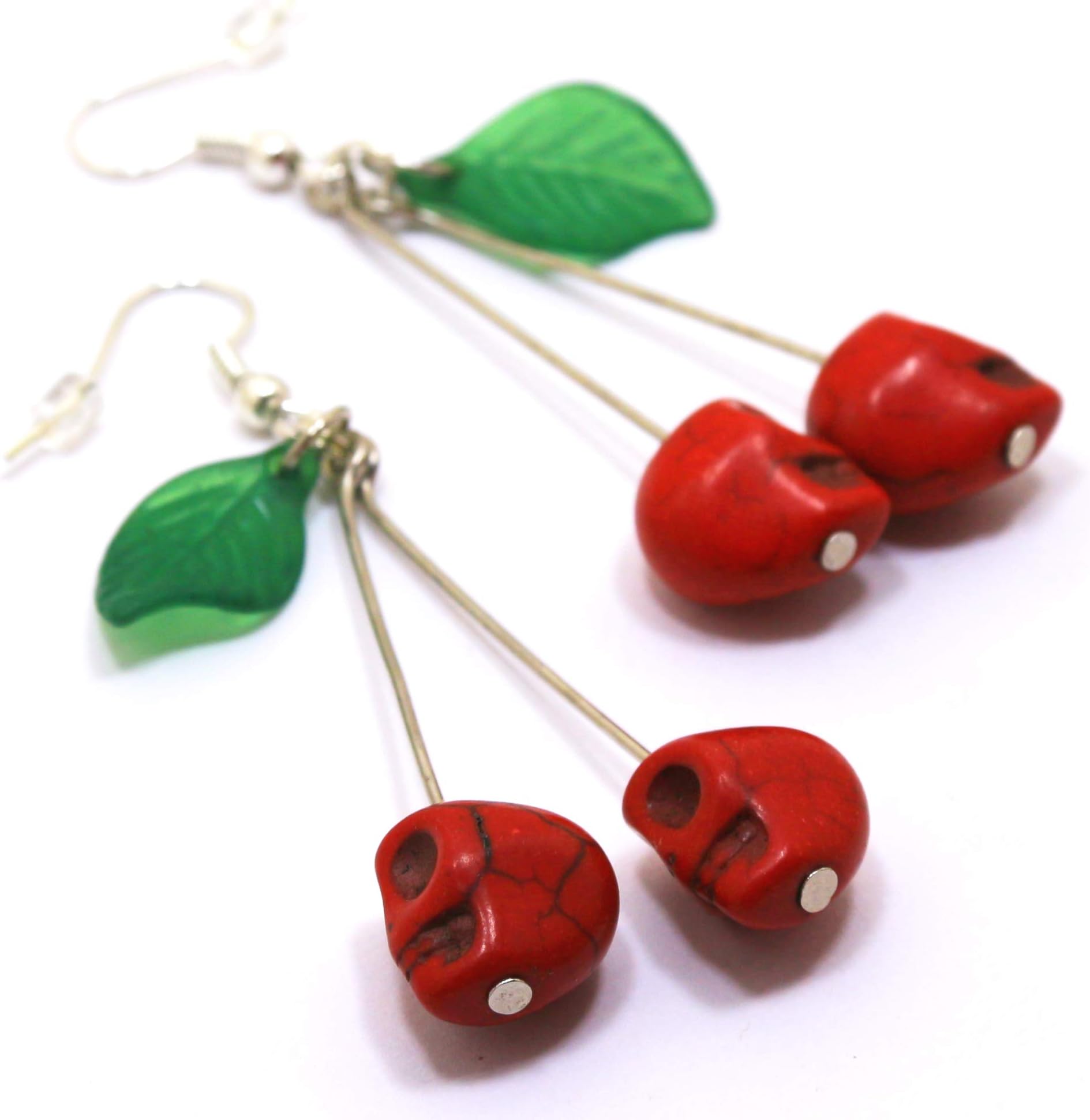 Handmade Gothic Red Skull Cherry Dangle Earrings 2.2 inches Medium Halloween Pinup Quirky Funky Earrings