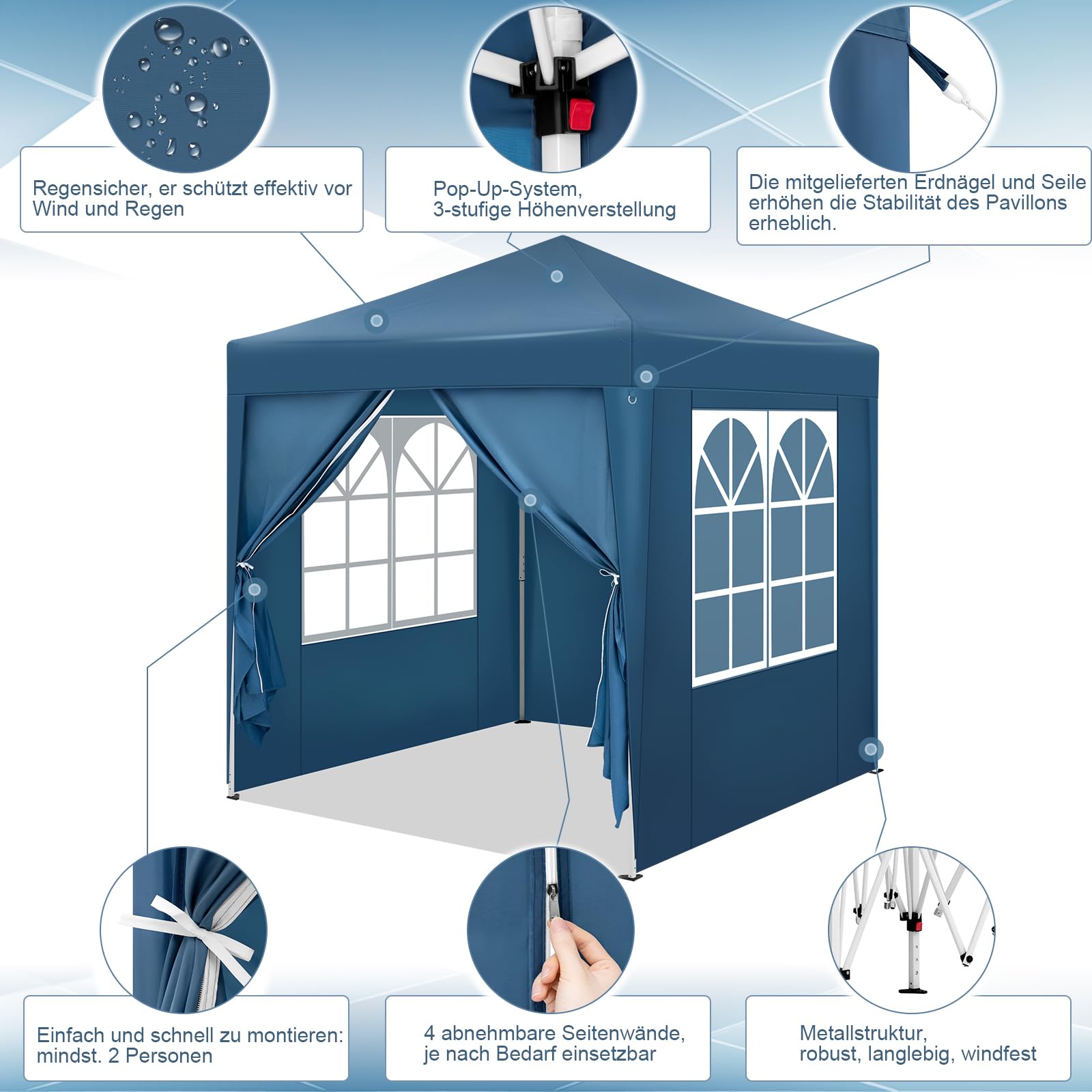 WOLTU Pavillon, Faltpavillon 2x2 m, mit 4 Seitenwänden, Partyzelt wasserabweisend UV-Schutz 50+, höhenverstellbarer Gartenpavillon, mit Tragetasche, für Outdoor Garten Camping, Blau
