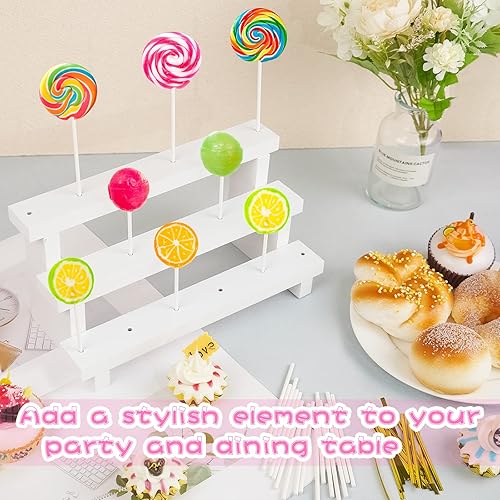 Miniatura 5 de 2 soportes de madera para tartas, soporte para paletas blancas de 3 niveles con lazos giratorios, palitos de piruleta, 17 agujeros para mesa