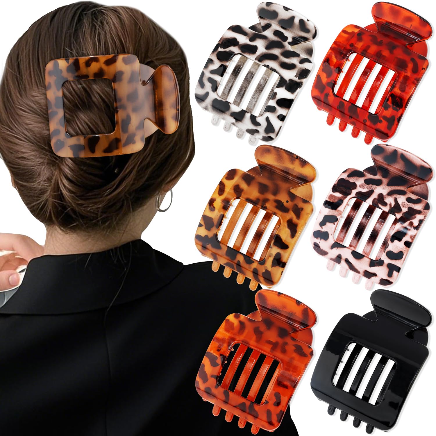 Flat Square Hair Clips Large Claw Clips for Thick Medium Thin Hair 6Pcs Non Slip Strong Hold Barrettes French Duckbill Accessories for Women Girls Leopard Tortoise Shell