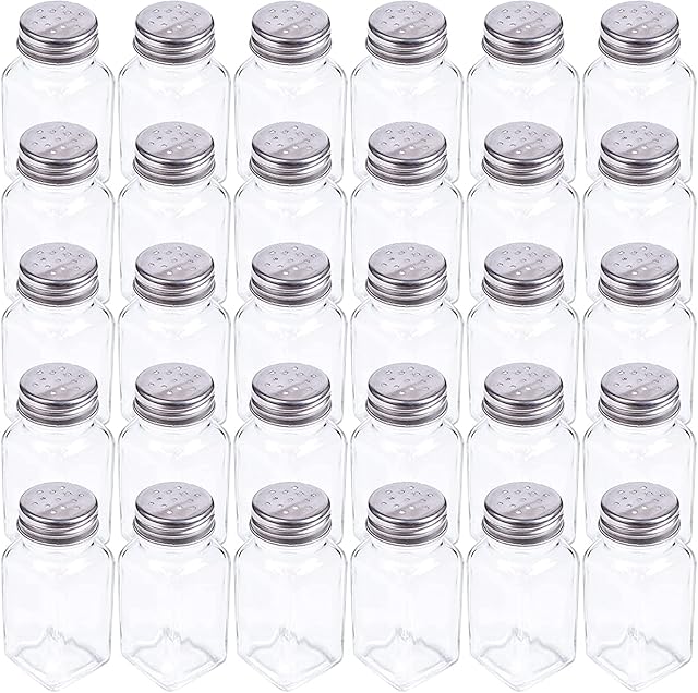 Tebery 30 Pack Glass Salt and Pepper Shaker Set with Stainless Steel Mushroom Top, 2.7oz Spice Bottle for Kitchen, Restaurants and Catering, Classic Design