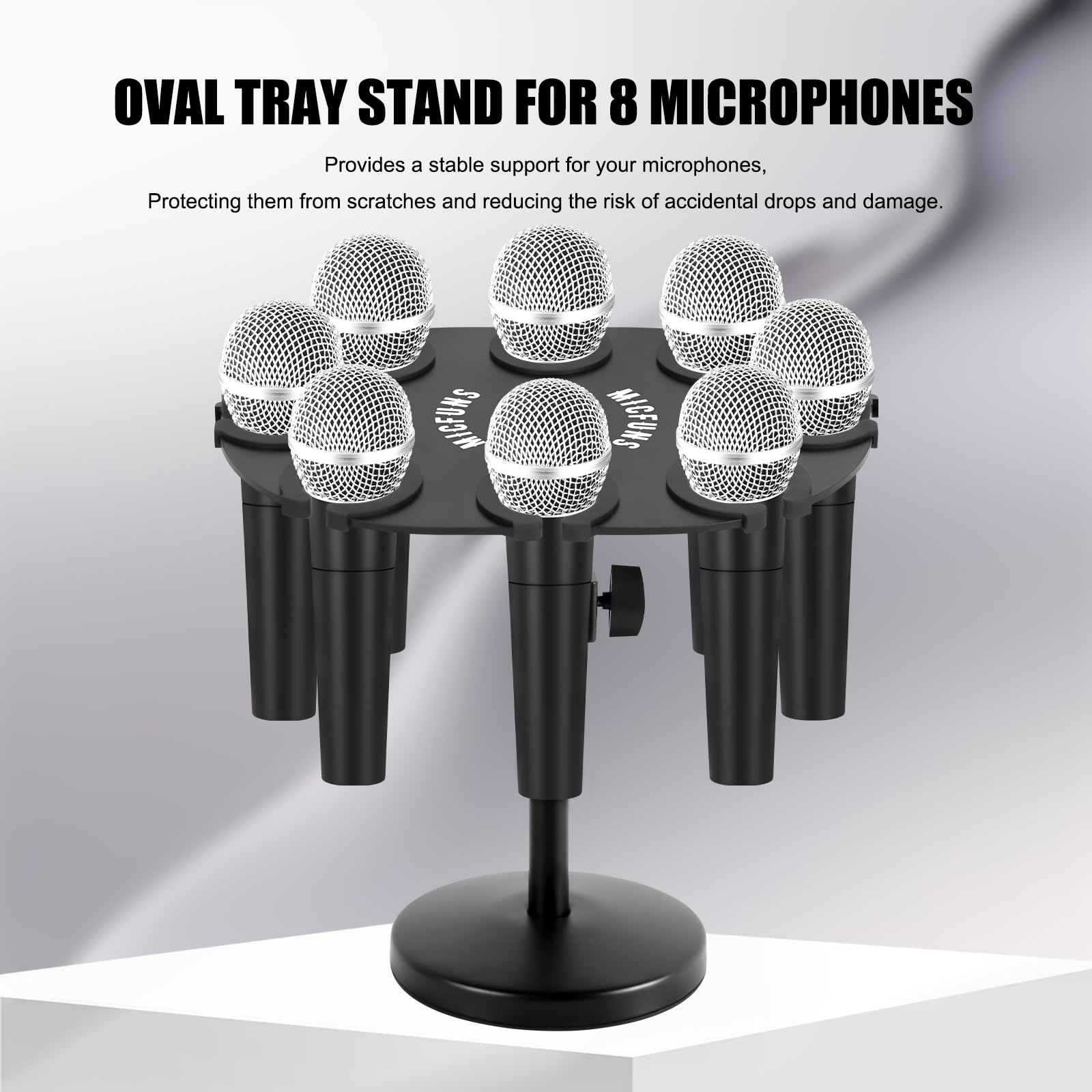 TM100 Multi uchwyt mikrofonowy do stojaka mikrofonowego – kwadratowa nasadka na tacę mieści do 8 mikrofonów na scenie, organizer i wyświetlacz z 8 pierścieniami zapobiegającymi zwijaniu i
