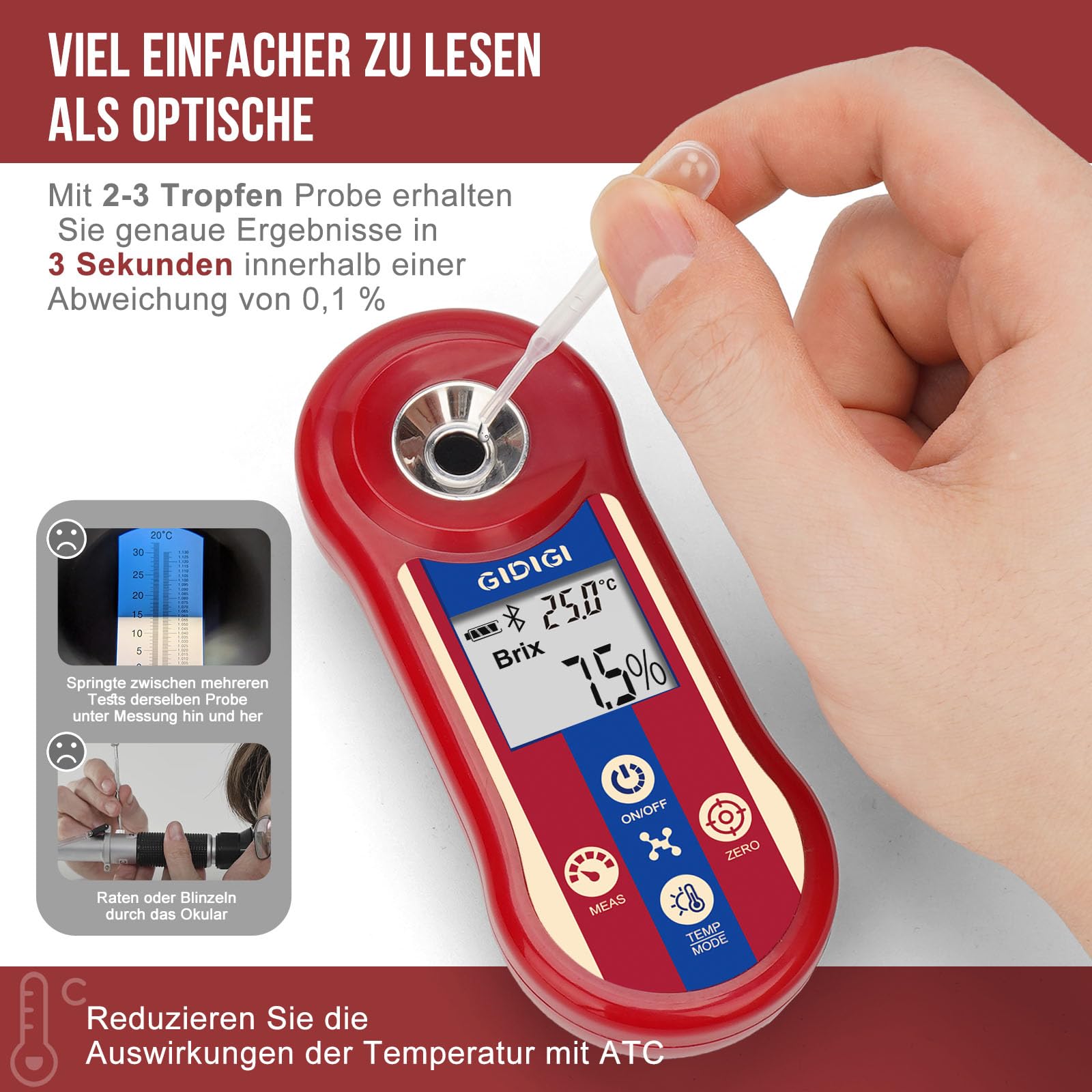 Brix-Refraktometer und Salzgehaltstester, intelligentes Zucker-Brix-Messgerät, Salzrefraktometer für Salzwasser mit ATC, Brix-Messbereich 0,0–60% für Obst, Wein und Bier