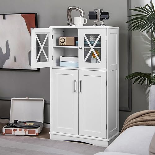 Miniatura 2 de Giantex Armario de almacenamiento de piso de baño Armario de piso de lino con puertas y estantes ajustables, organizador de almacenamiento lateral
