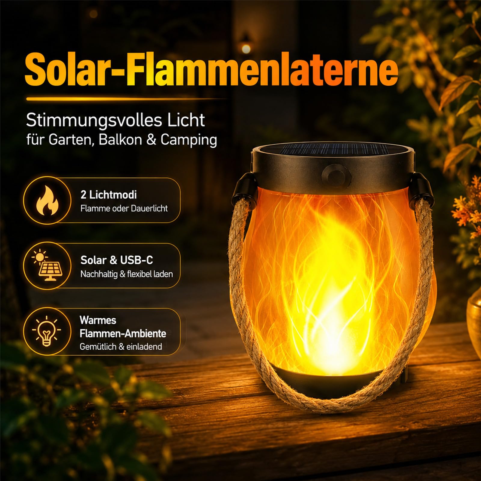 Klynero Solar Laterne Outdoor mit LED-Flammeneffekt, IP65 Wetterfest (2) | Warmer Flammeneffekt, Solar- und USB-C-Ladung, über 10 Std. Licht – ideal für Garten, Balkon und Terrasse.