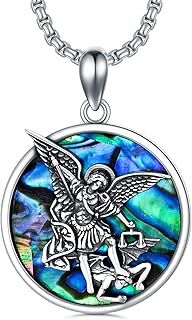 925 Sterling Silver Patron Saint Necklace St. Michael Anthony Jude George Necklace with Abalone Shell Protector Medal Pendant Religious Amulet Jewelry for Men Women with 22+2" Rolo Chain