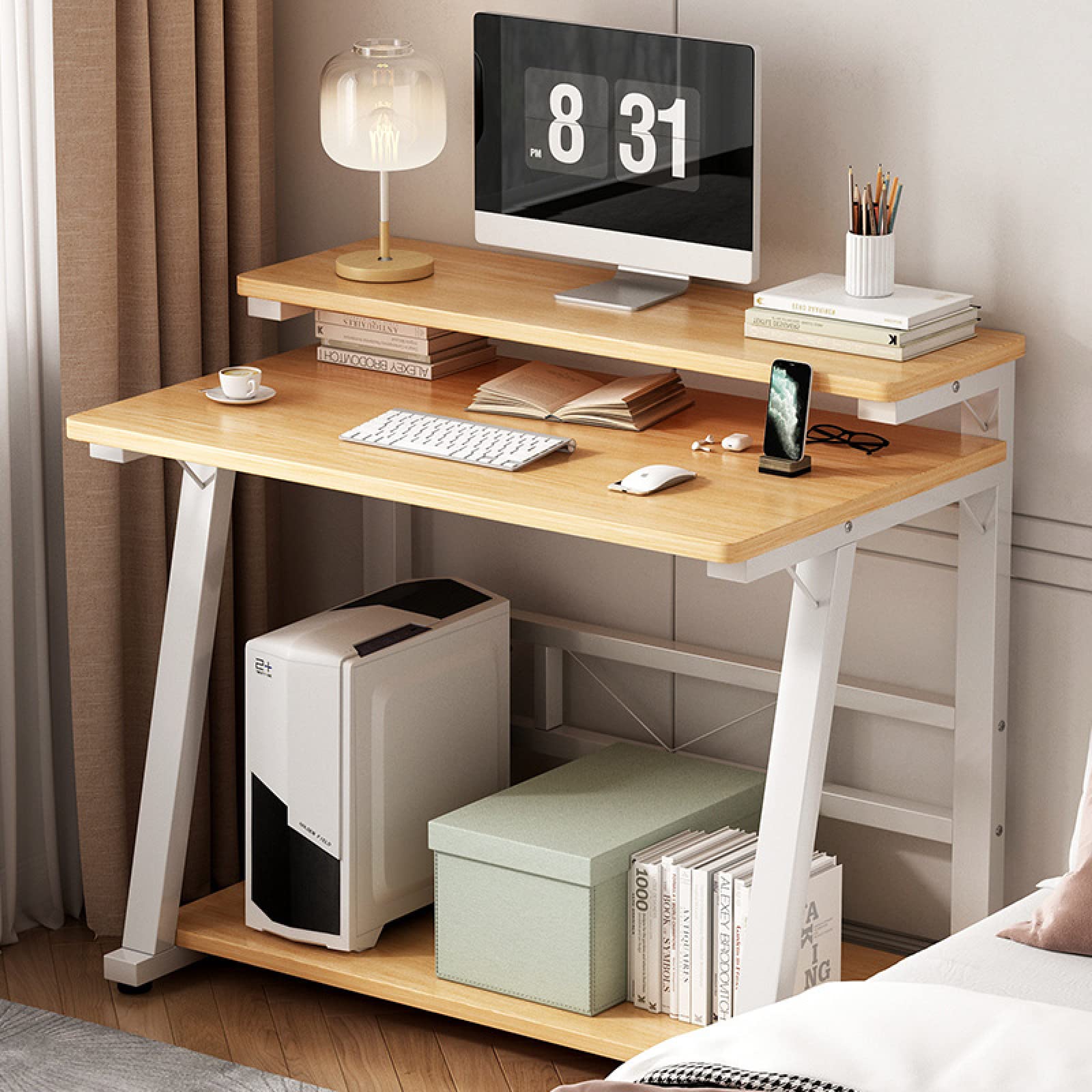 Scrivania per Computer in Rovere con Supporto per Monitor e Ripiani portaoggetti. Piccolo Tavolo da Studio per Ufficio Domestico, postazione di Lavoro compatta per spazi ridotti.
