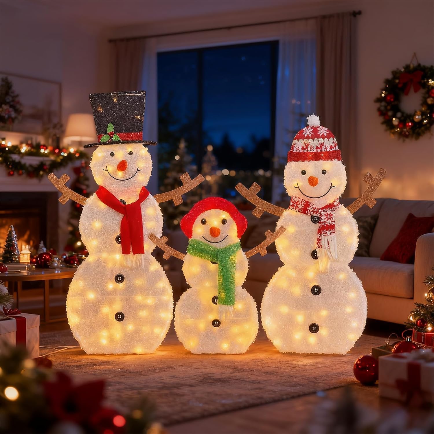 Lighted Snowman Christmas Decorations, 2D Pre-lit Snowman Family Set with 130 Warm White LEDs, 3PCS Light Up Holiday Ornament for Indoor Outdoor Home Front Yard Lawn Garden Patio Christmas Decor 2D Snowman