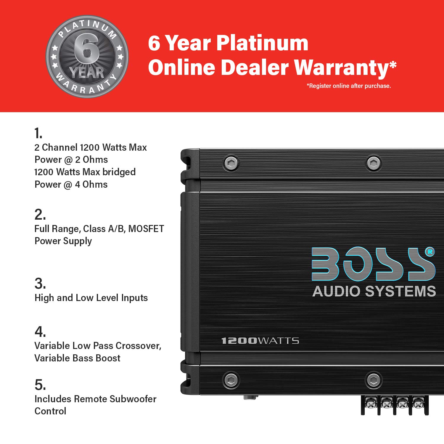 BOSS Audio Systems OX2.600 2 Channel Car Amplifier – 600 Watts, Full Range, Class A/B, 2-8 Ohm Stable, MOSFET Power Supply, Bridgeable